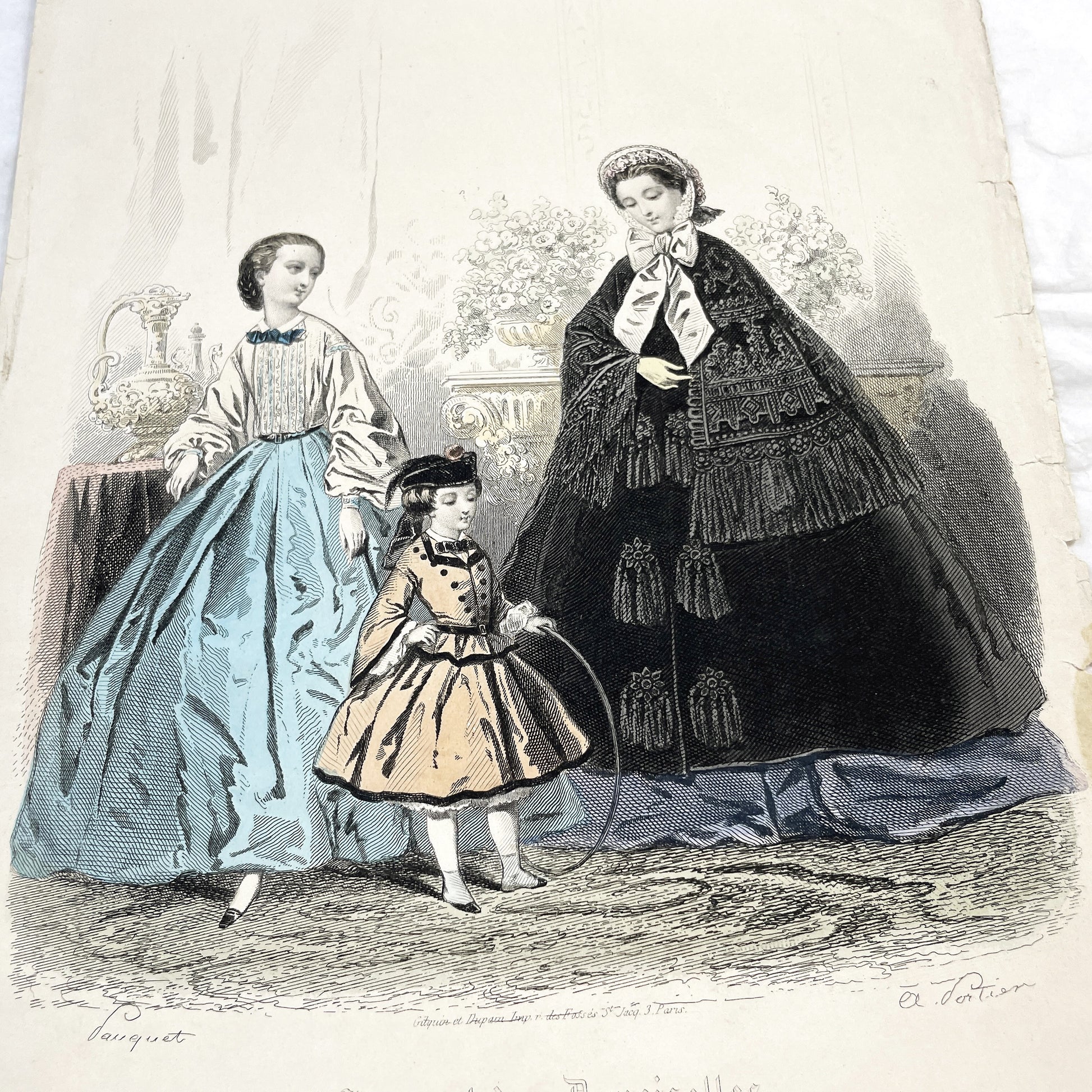 1860s - Elegant French Fashion Engraving - Hand-Colored Journal des Demoiselles Illustration - Antique Women's and Children's Fashion Print