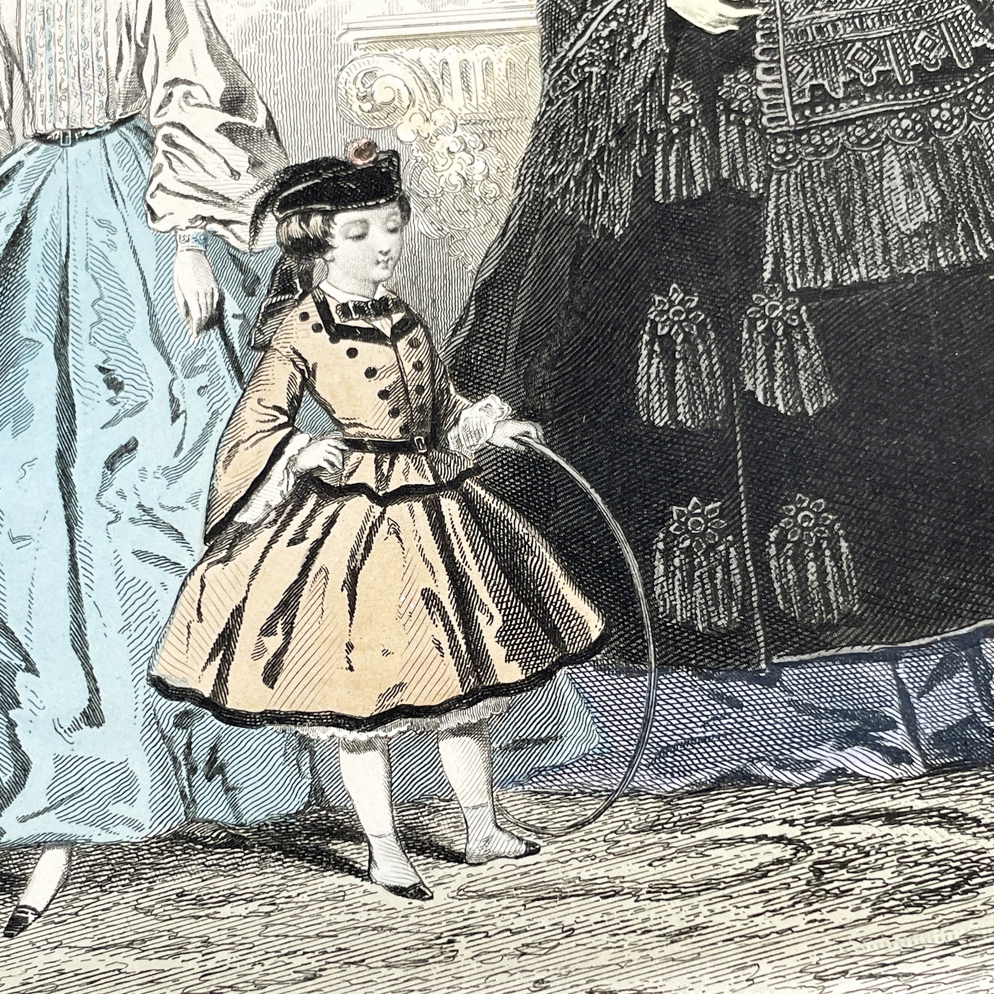 1860s - Elegant French Fashion Engraving - Hand-Colored Journal des Demoiselles Illustration - Antique Women's and Children's Fashion Print