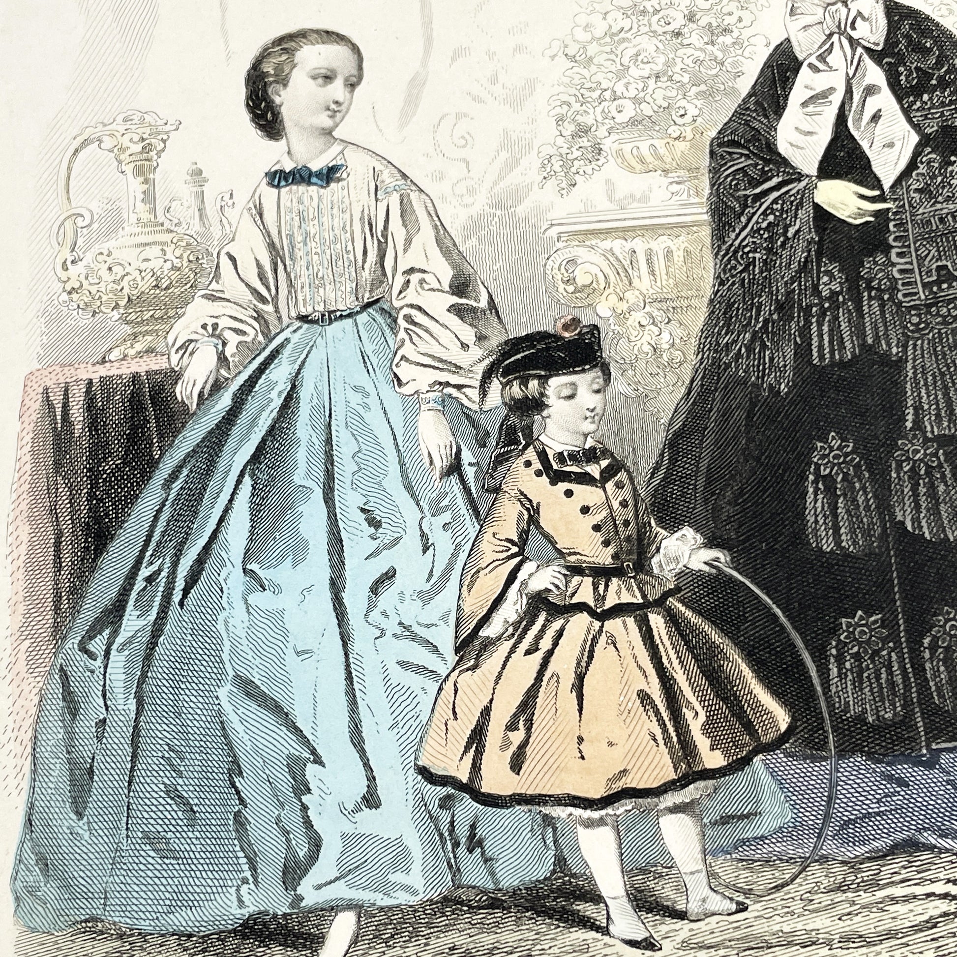 1860s - Elegant French Fashion Engraving - Hand-Colored Journal des Demoiselles Illustration - Antique Women's and Children's Fashion Print