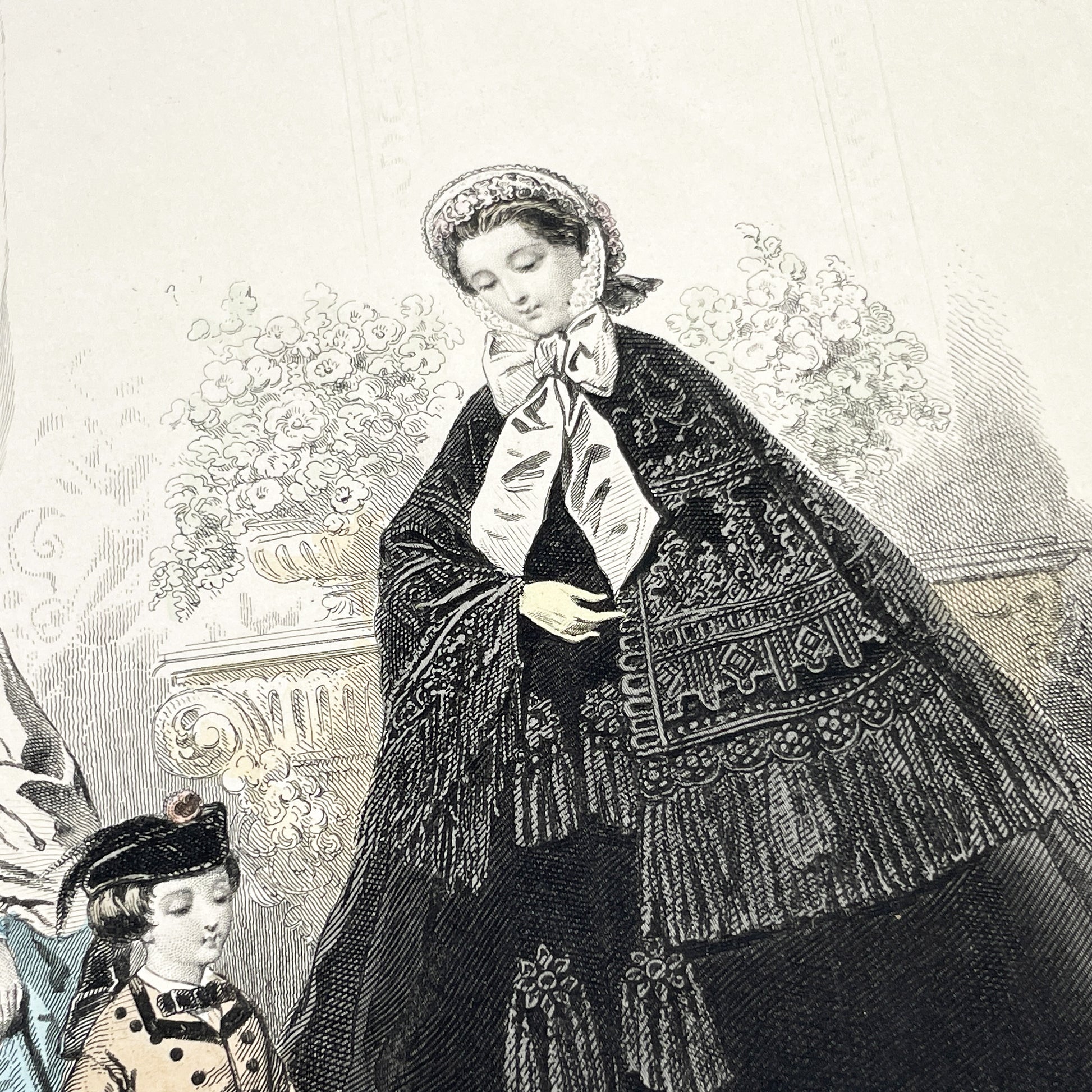 1860s - Elegant French Fashion Engraving - Hand-Colored Journal des Demoiselles Illustration - Antique Women's and Children's Fashion Print