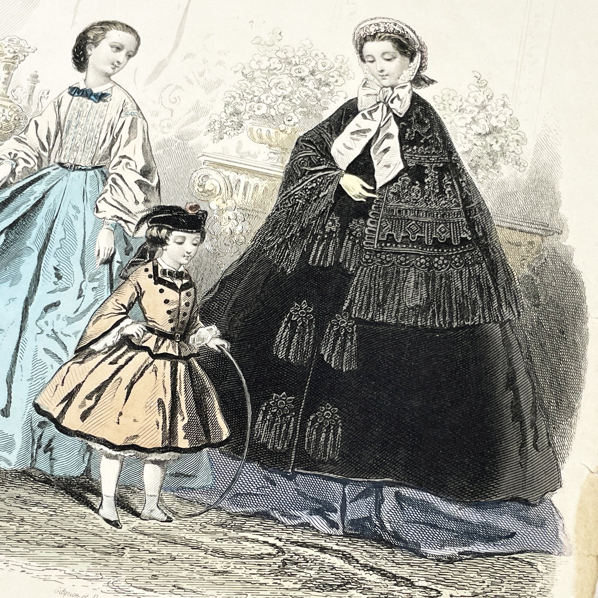 1860s - Elegant French Fashion Engraving - Hand-Colored Journal des Demoiselles Illustration - Antique Women's and Children's Fashion Print