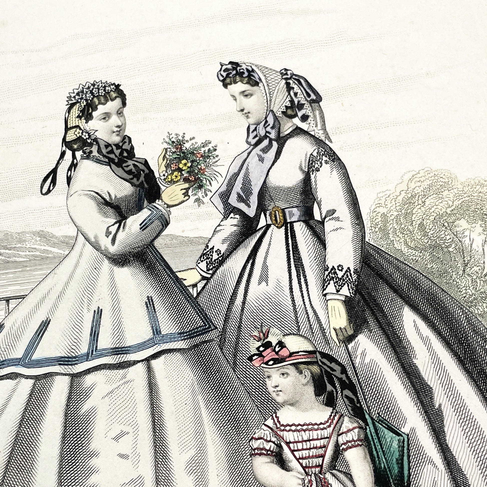 1860s - Antique French Fashion Plate - Journal des Demoiselles - Original 1865 Victorian Hand-Colored Crinoline Engraving Print