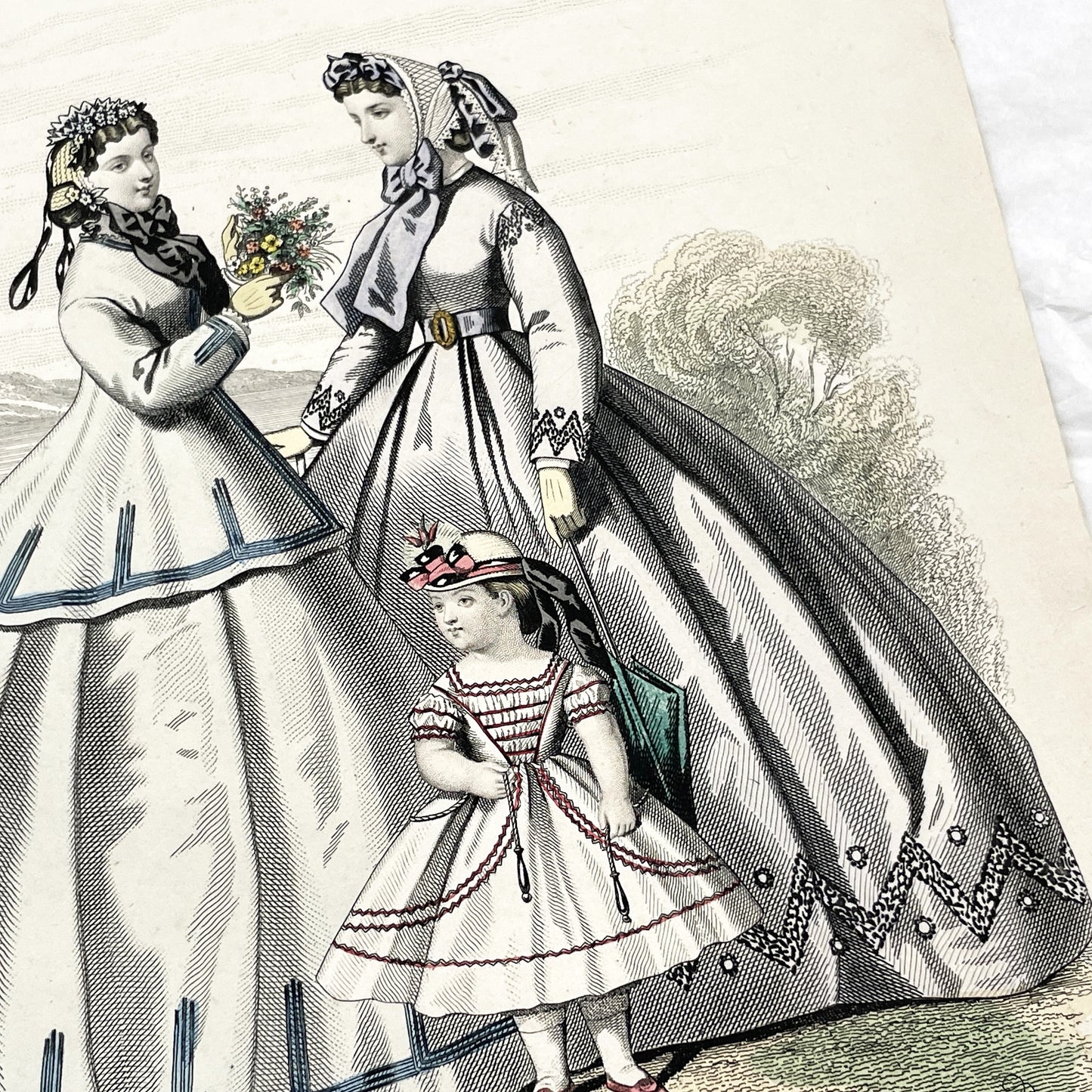 1860s - Antique French Fashion Plate - Journal des Demoiselles - Original 1865 Victorian Hand-Colored Crinoline Engraving Print