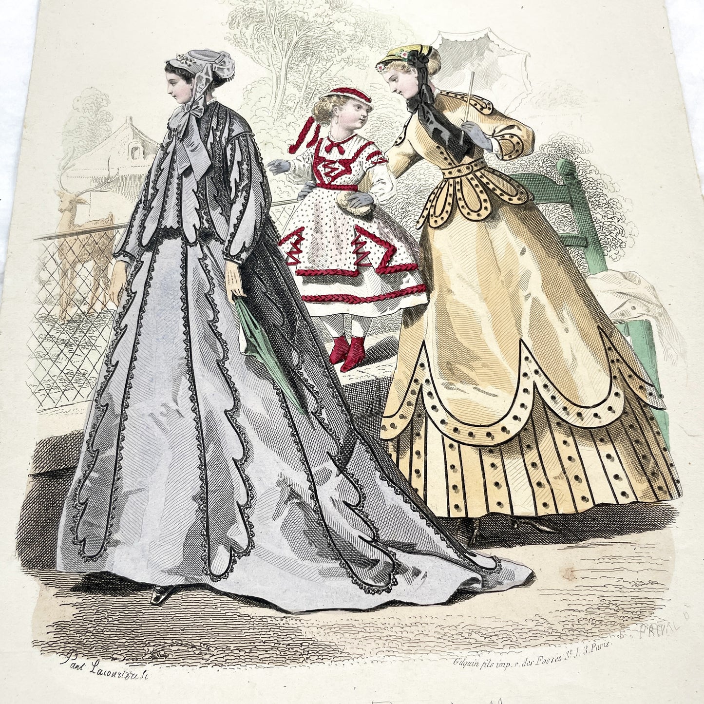 1860s - Original 1867 French Journal des Demoiselles Fashion Plate - Hand-Colored Antique Print - Victorian Era Style Illustration