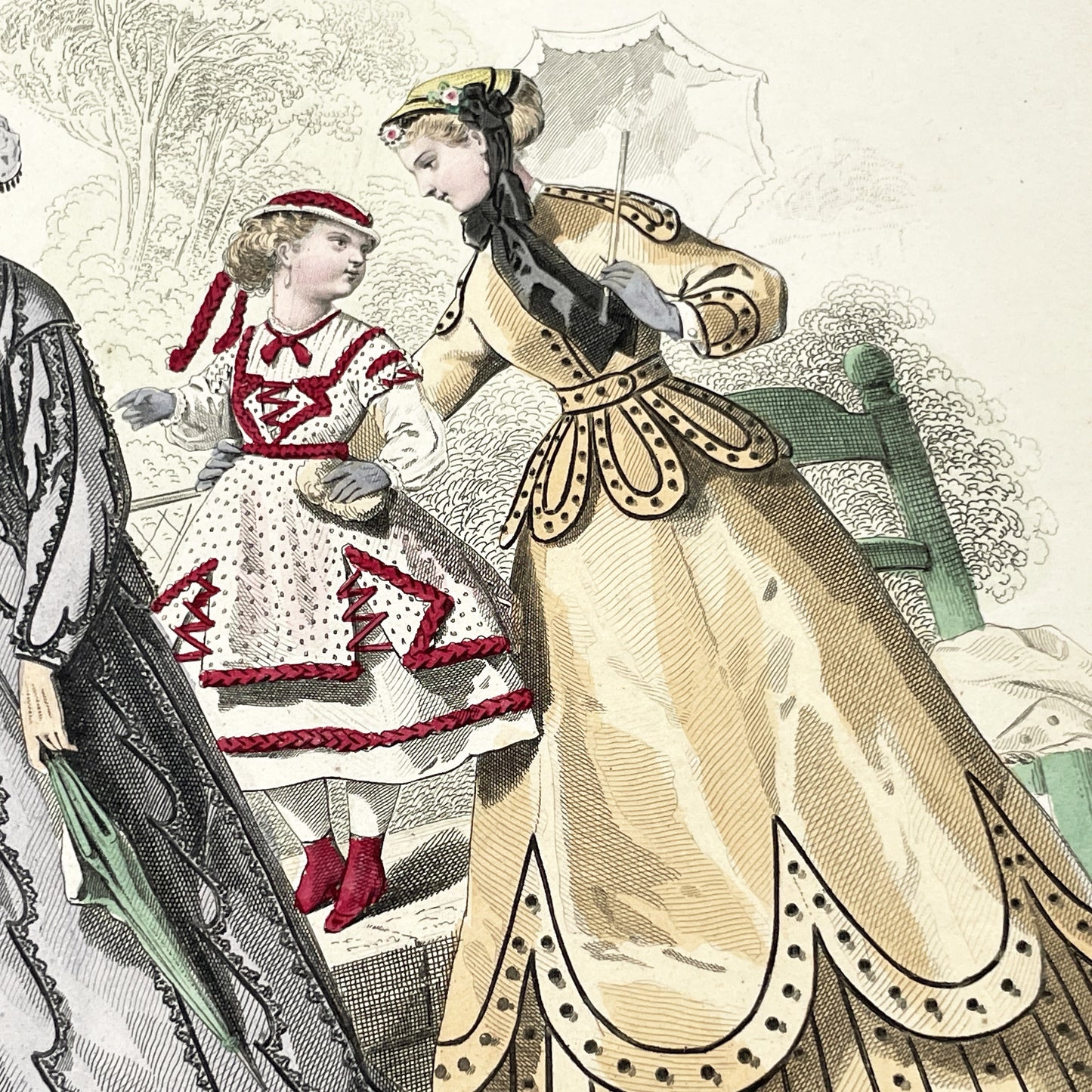 1860s - Original 1867 French Journal des Demoiselles Fashion Plate - Hand-Colored Antique Print - Victorian Era Style Illustration