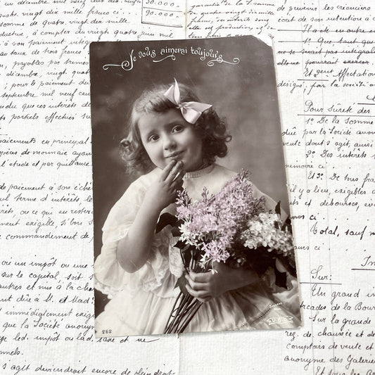 1910s - Vintage Postcard Little Girl Lilac Bouquet - French Sentiment - Child Portrait - Hand Tinted - Antique Photo Greeting Card