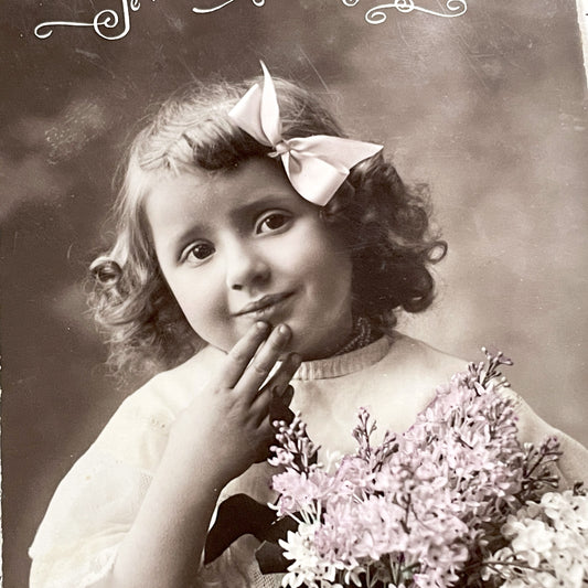 1910s - Vintage Postcard Little Girl Lilac Bouquet - French Sentiment - Child Portrait - Hand Tinted - Antique Photo Greeting Card