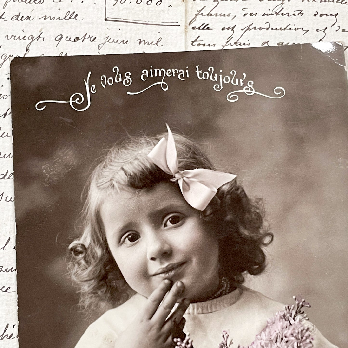 1910s - Vintage Postcard Little Girl Lilac Bouquet - French Sentiment - Child Portrait - Hand Tinted - Antique Photo Greeting Card