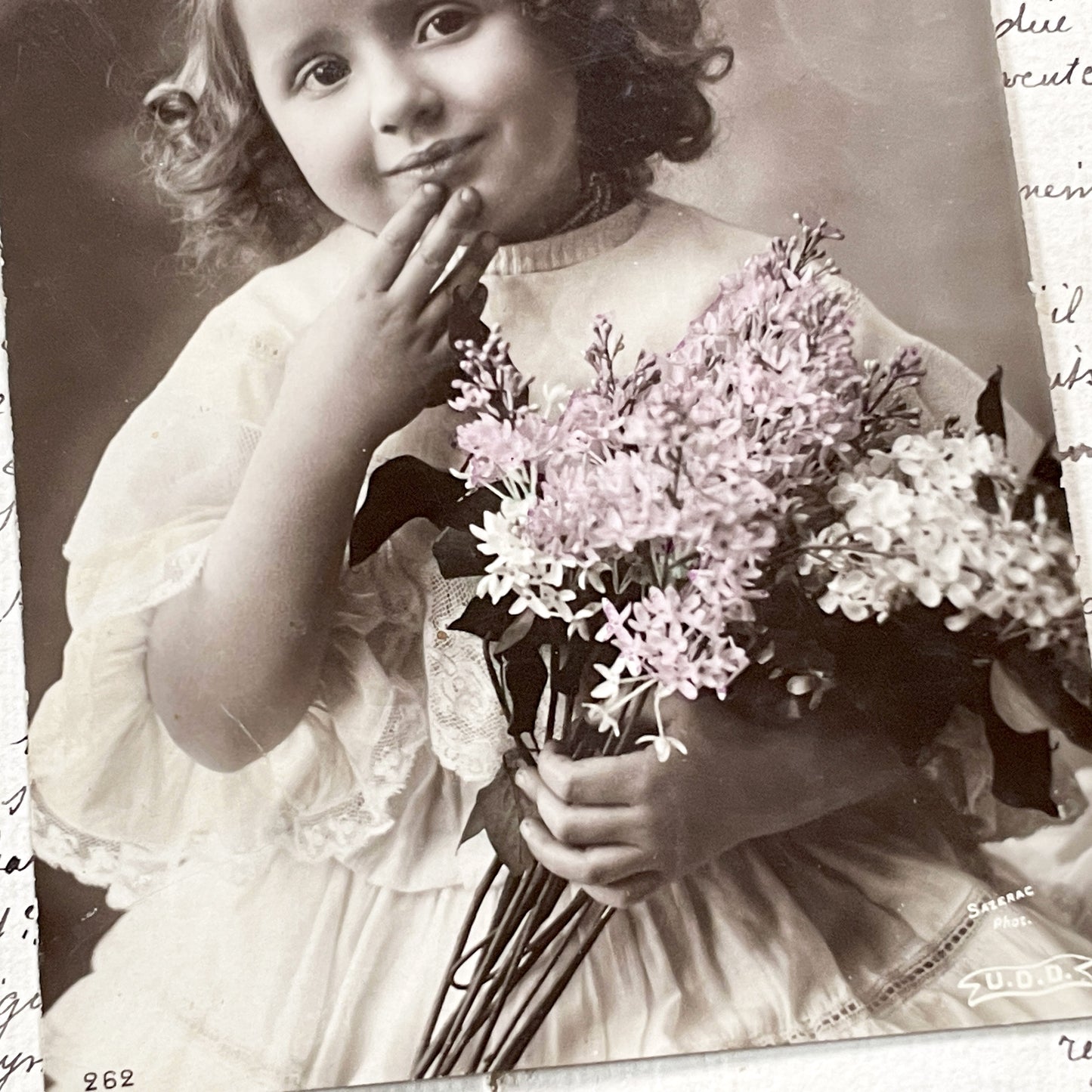 1910s - Vintage Postcard Little Girl Lilac Bouquet - French Sentiment - Child Portrait - Hand Tinted - Antique Photo Greeting Card