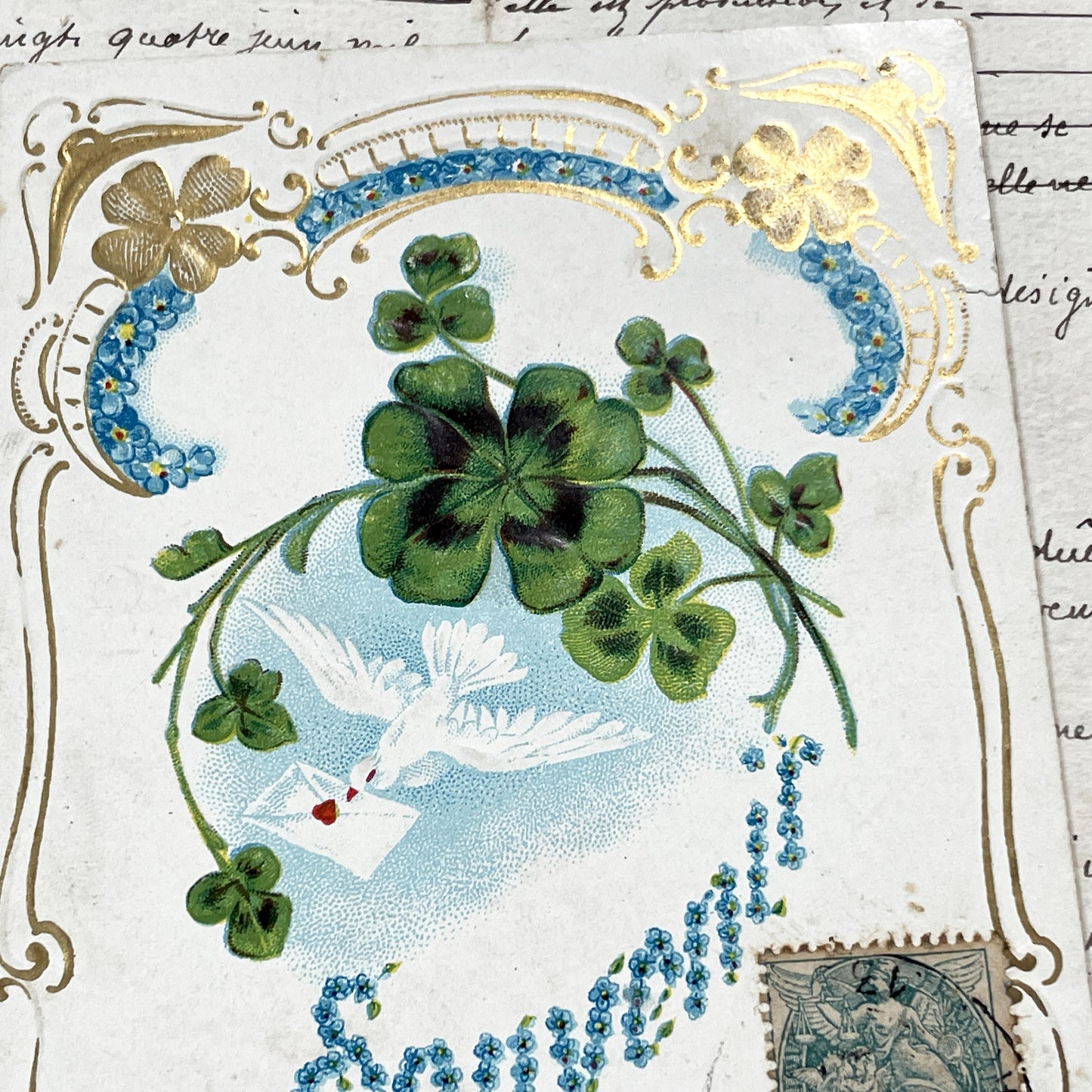 1900s - French Postcard - Elegant Friendship Theme - Four-Leaf Clovers - White Dove - Forget-Me-Nots - Ornate Gold Accents