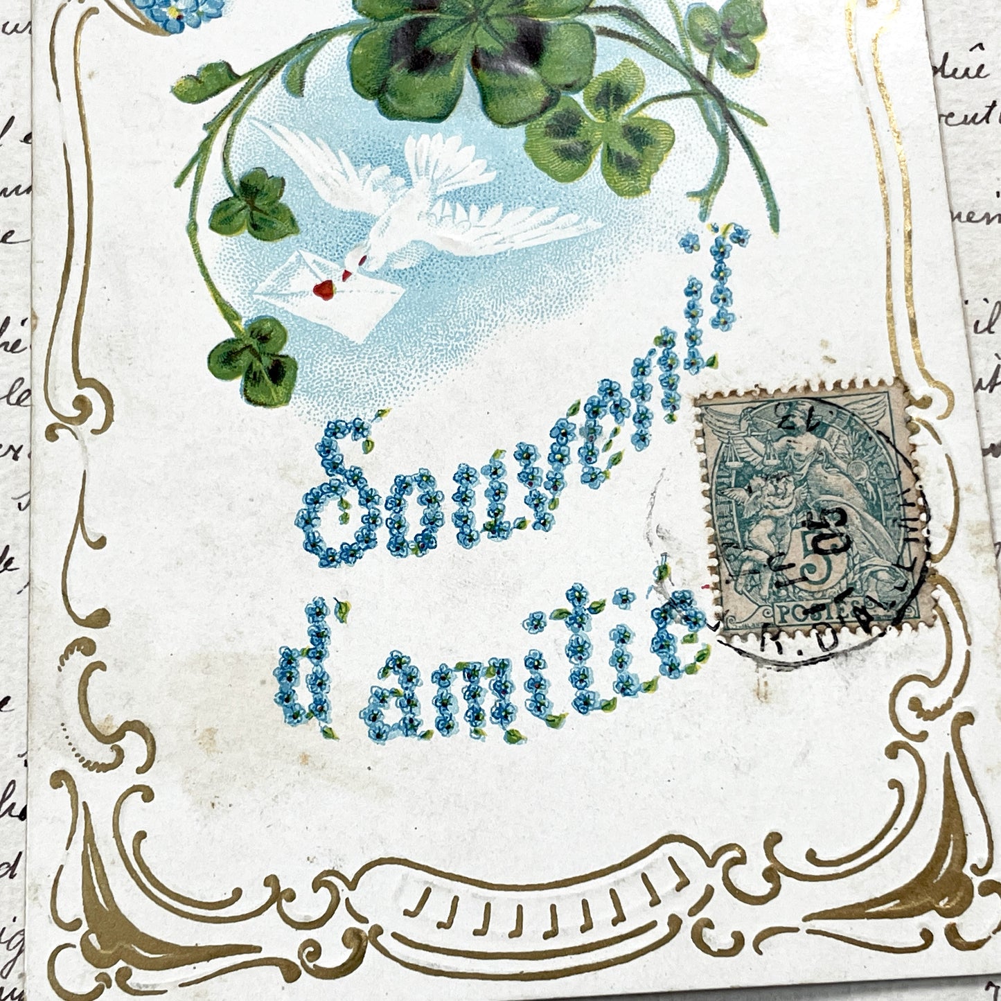 1900s - French Postcard - Elegant Friendship Theme - Four-Leaf Clovers - White Dove - Forget-Me-Nots - Ornate Gold Accents