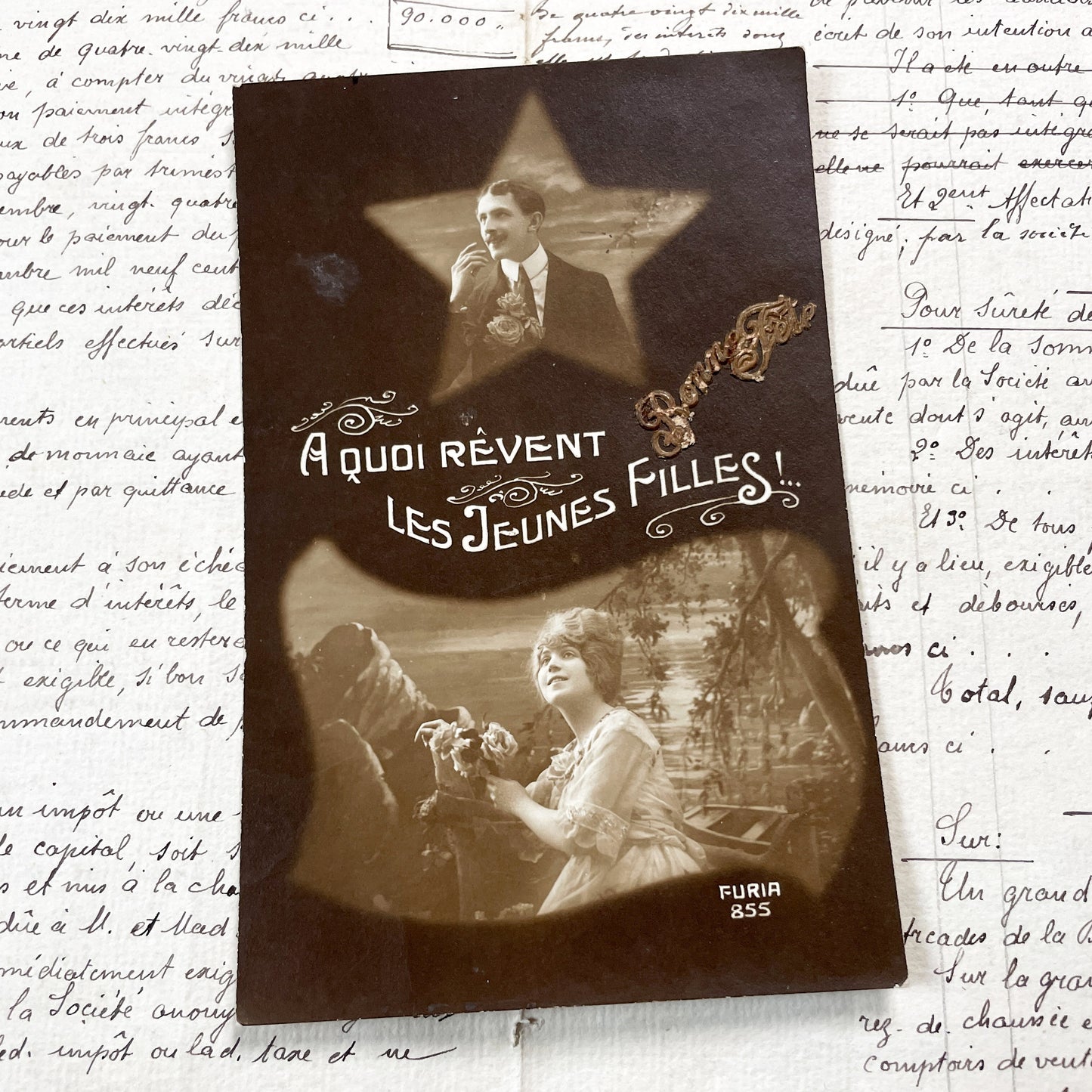 1910s - Dreamy French Postcard - What Young Girls Dream Of - Romantic Sepia Couple - Furia 855 Vintage Ephemera