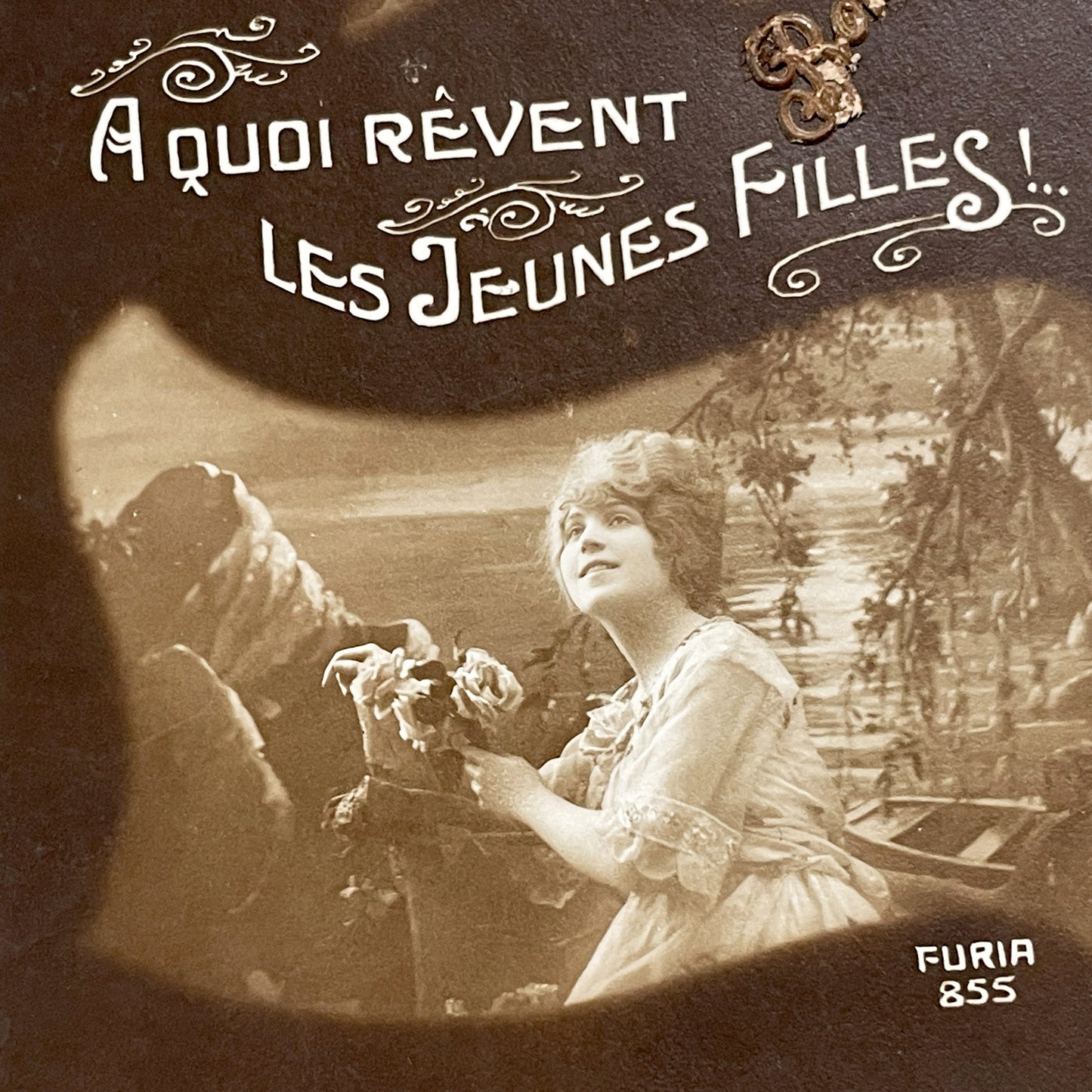 1910s - Dreamy French Postcard - What Young Girls Dream Of - Romantic Sepia Couple - Furia 855 Vintage Ephemera