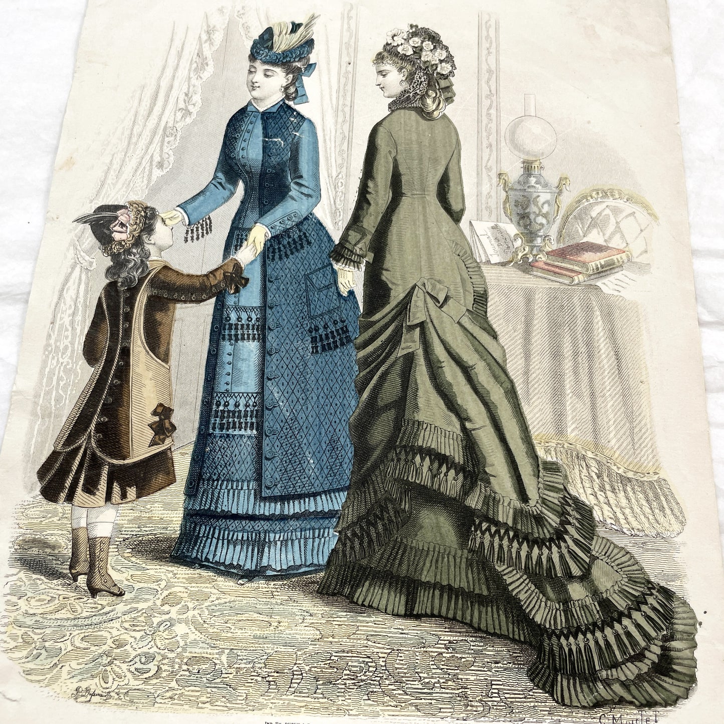 1880s - Rare Journal des Demoiselles Fashion Print - Victorian French Style Plate with Bustle Dresses & Child - Paris Art