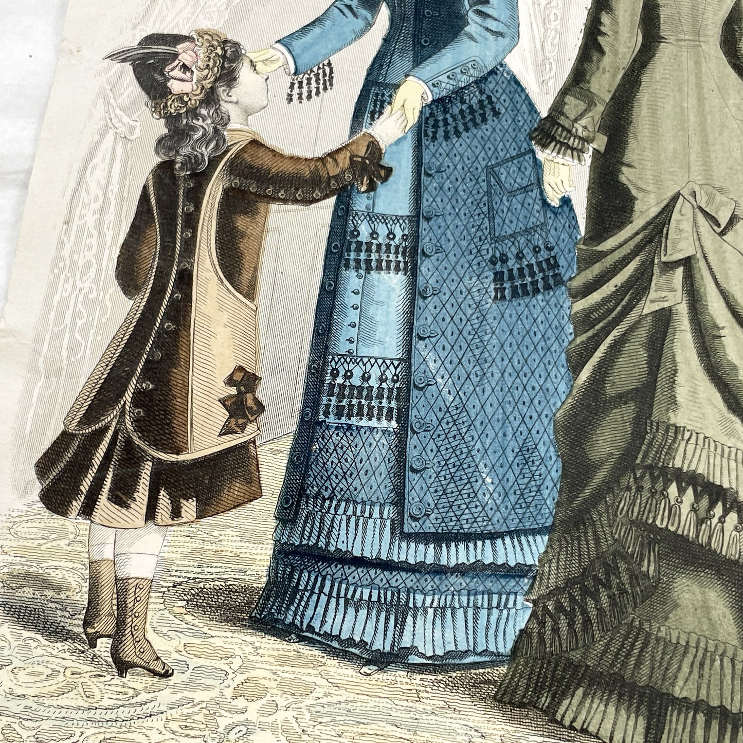 1880s - Rare Journal des Demoiselles Fashion Print - Victorian French Style Plate with Bustle Dresses & Child - Paris Art