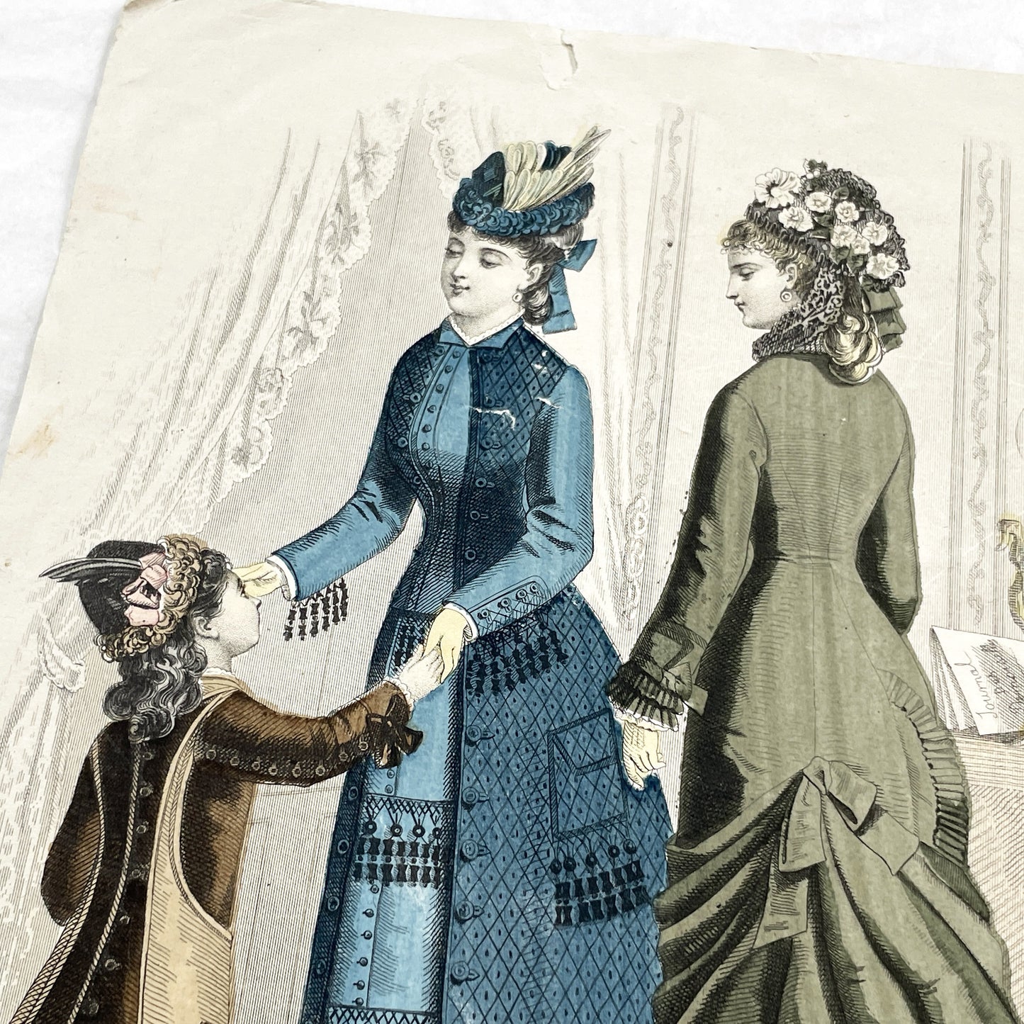 1880s - Rare Journal des Demoiselles Fashion Print - Victorian French Style Plate with Bustle Dresses & Child - Paris Art