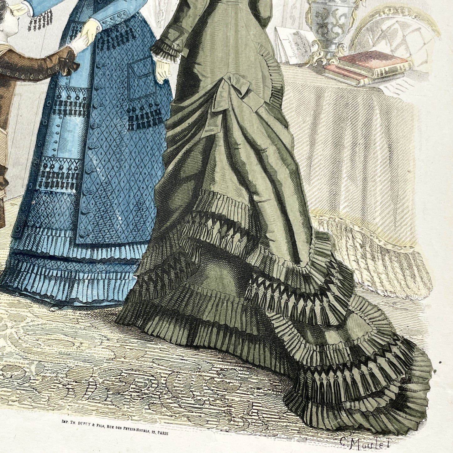 1880s - Rare Journal des Demoiselles Fashion Print - Victorian French Style Plate with Bustle Dresses & Child - Paris Art