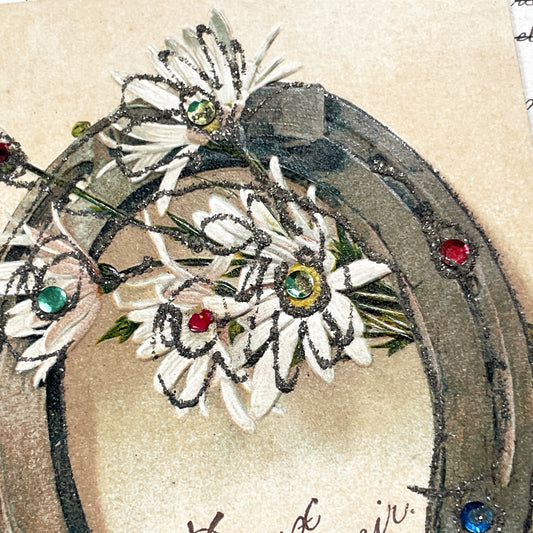 1900s - Antique French Horseshoe Postcard with Glitter Jewels - Doux Souvenir Ephemera - Collectible Vintage Art Card