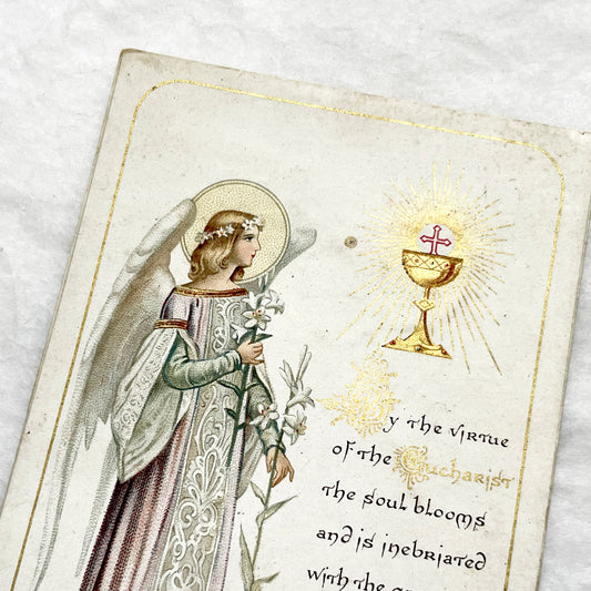 1900s - Antique Religious Card - Angel with Lilies and Eucharist - Bouasse Jeune Publisher - Devotional Artwork - Vintage Holy Card