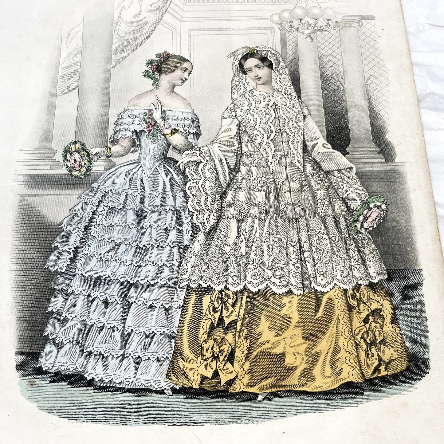 1850s - Exquisite French Fashion Print - Original Hand-Colored Engraving - 1852 Journal des Demoiselles Paris Couture Illustration
