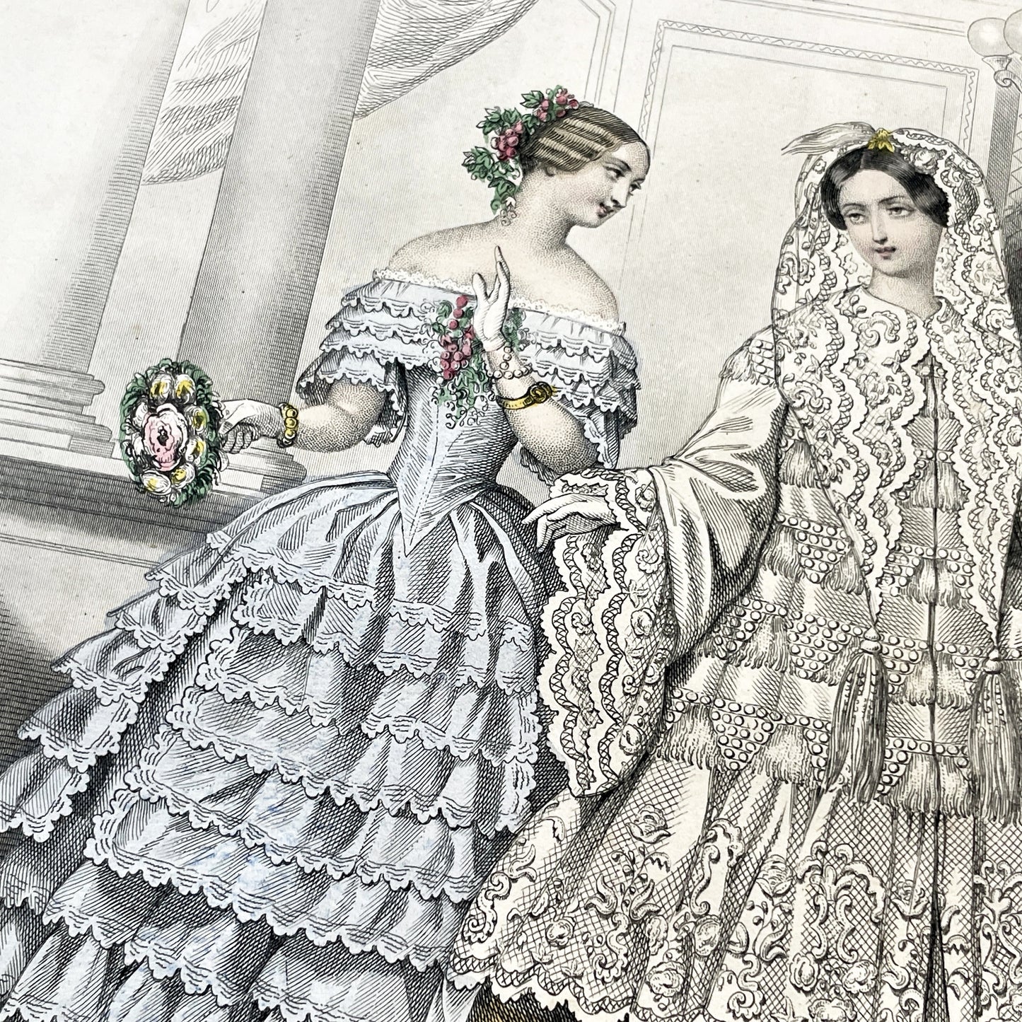 1850s - Exquisite French Fashion Print - Original Hand-Colored Engraving - 1852 Journal des Demoiselles Paris Couture Illustration