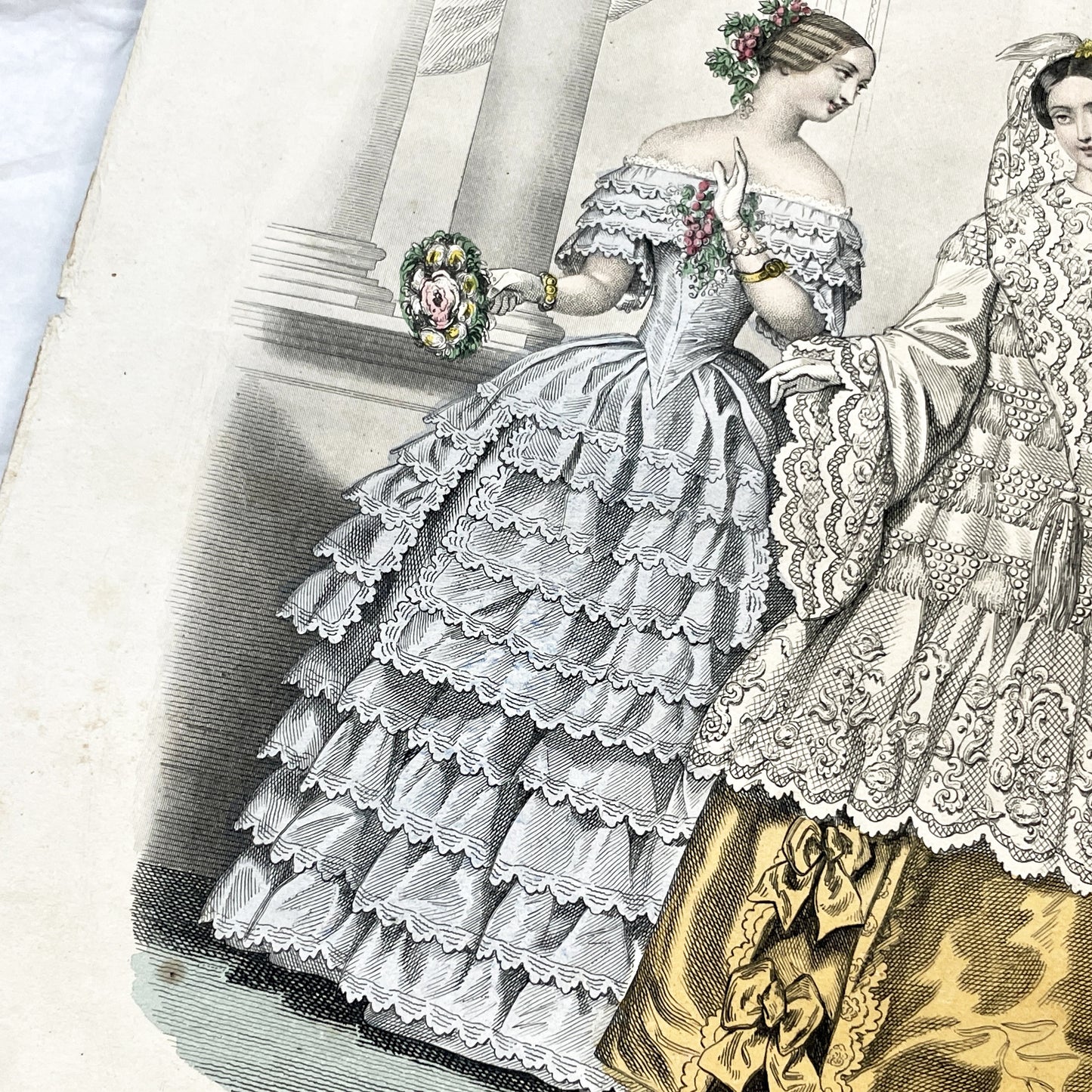 1850s - Exquisite French Fashion Print - Original Hand-Colored Engraving - 1852 Journal des Demoiselles Paris Couture Illustration