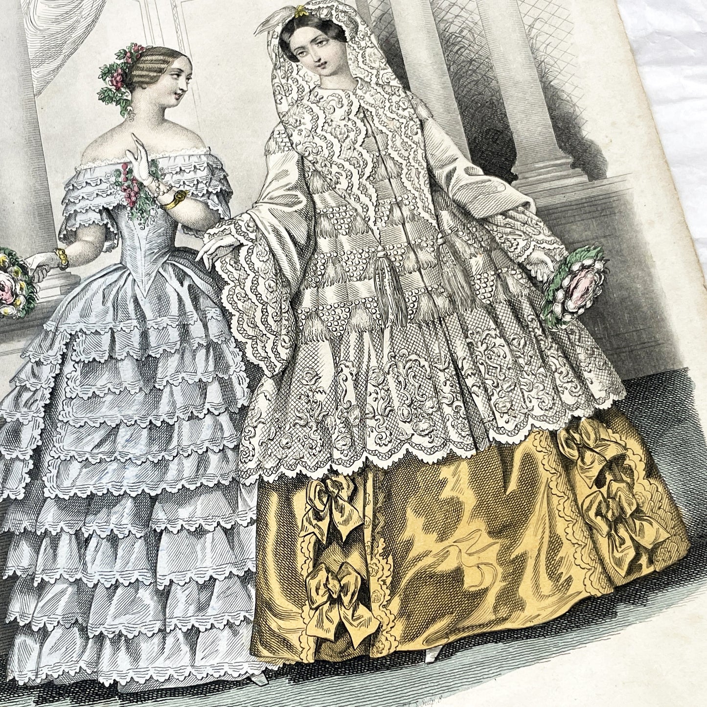 1850s - Exquisite French Fashion Print - Original Hand-Colored Engraving - 1852 Journal des Demoiselles Paris Couture Illustration