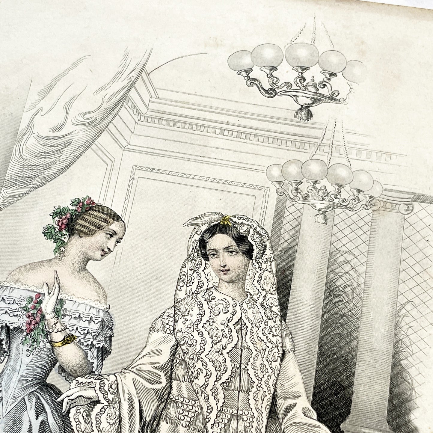 1850s - Exquisite French Fashion Print - Original Hand-Colored Engraving - 1852 Journal des Demoiselles Paris Couture Illustration