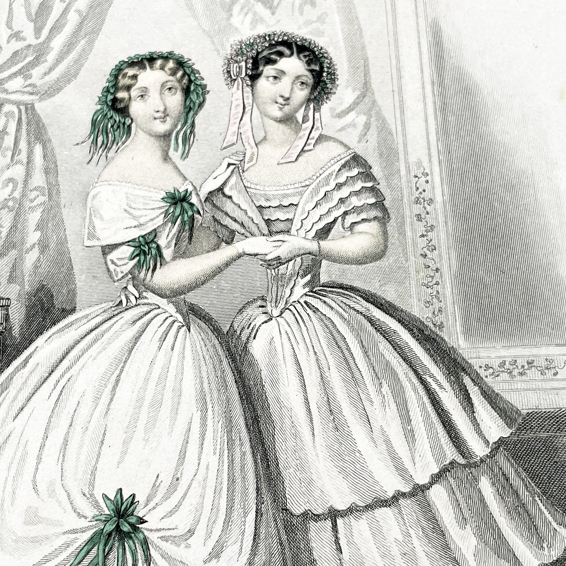 1850s - Journal des Demoiselles Fashion Plate - French Victorian Gown Engraving - Elegant Ladies - Parisian Boudoir Chic