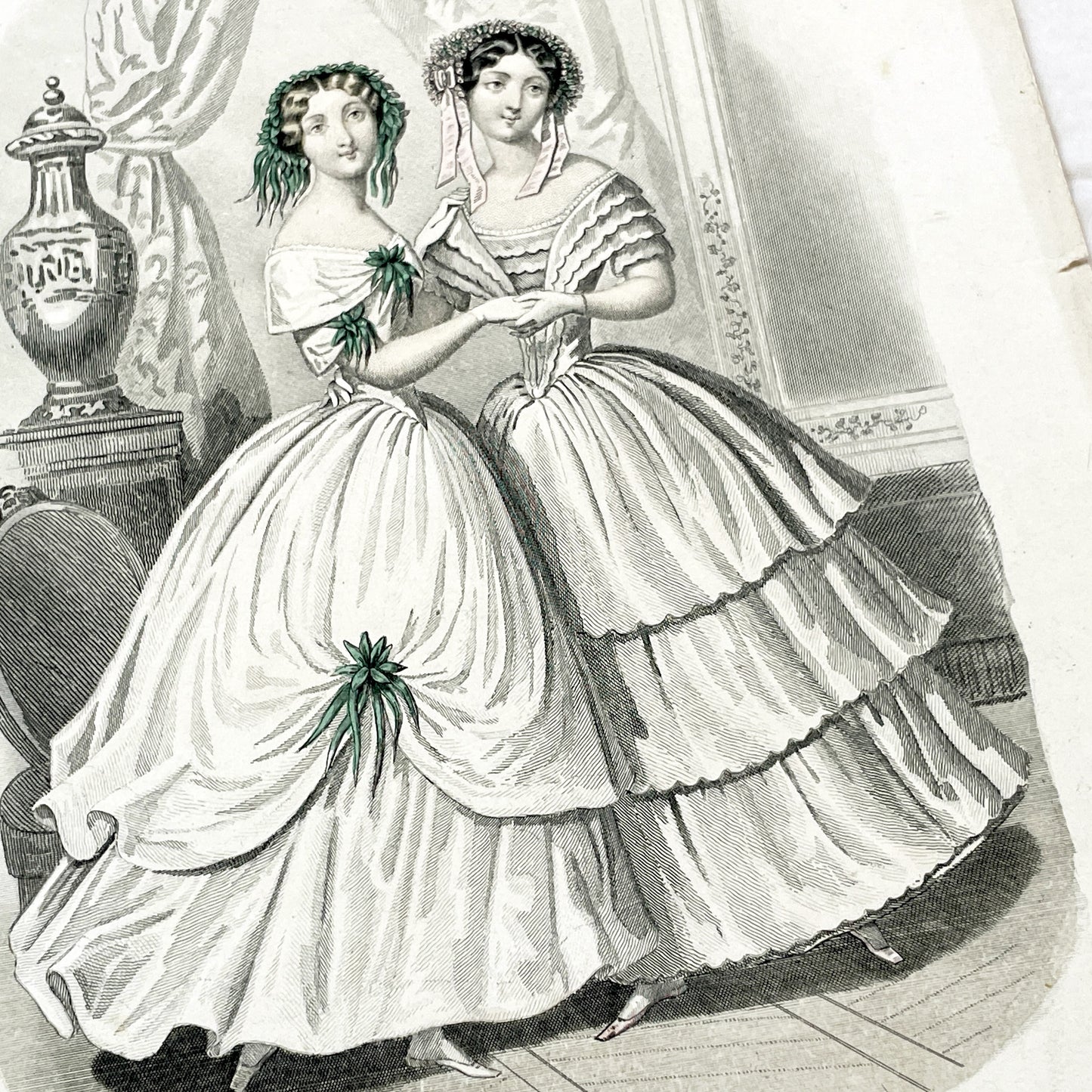 1850s - Journal des Demoiselles Fashion Plate - French Victorian Gown Engraving - Elegant Ladies - Parisian Boudoir Chic