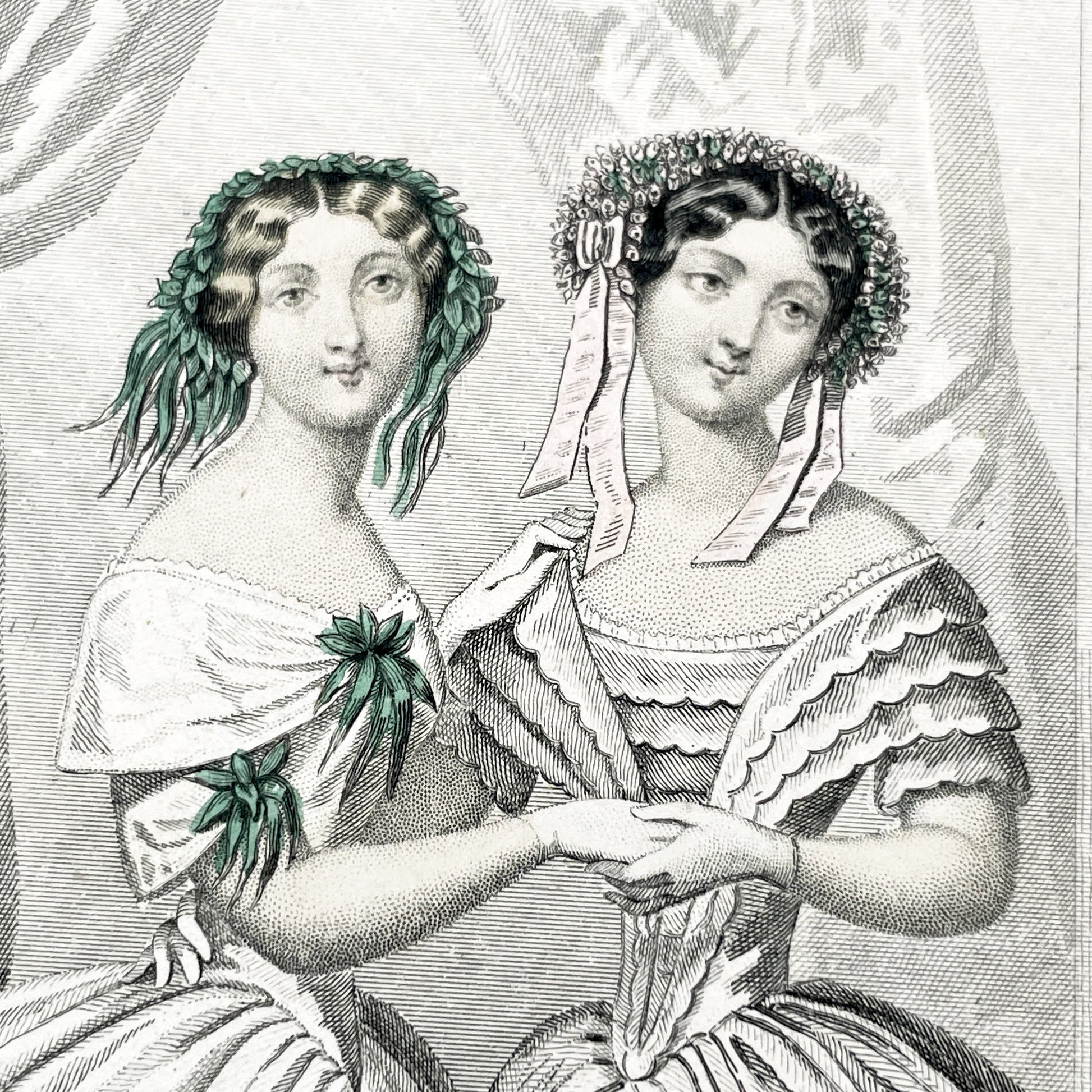 1850s - Journal des Demoiselles Fashion Plate - French Victorian Gown Engraving - Elegant Ladies - Parisian Boudoir Chic