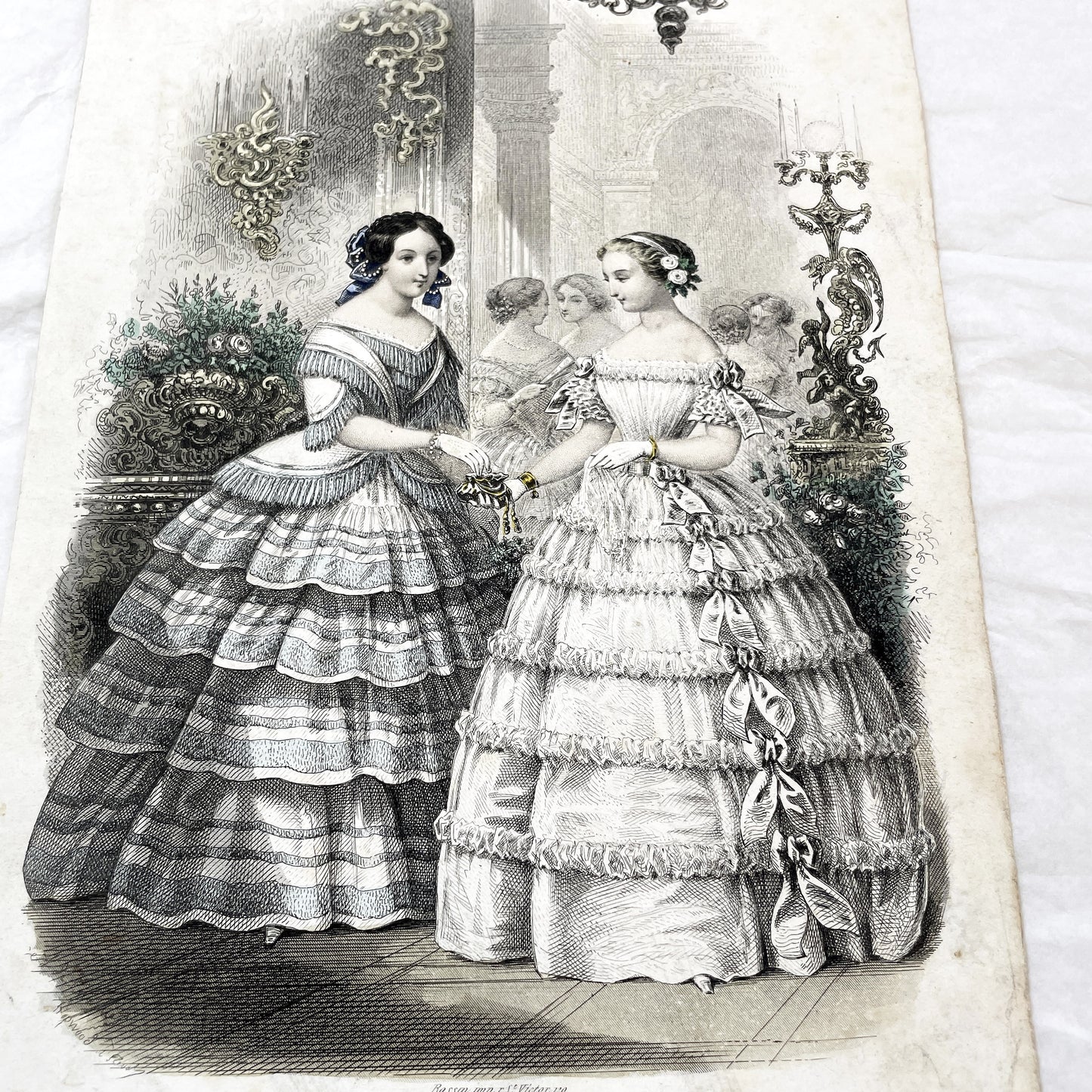 1850s - Exquisite Antique French Fashion Plate - Hand-Colored Engraving - Elegant Parisian Ball Gowns from 19th Century
