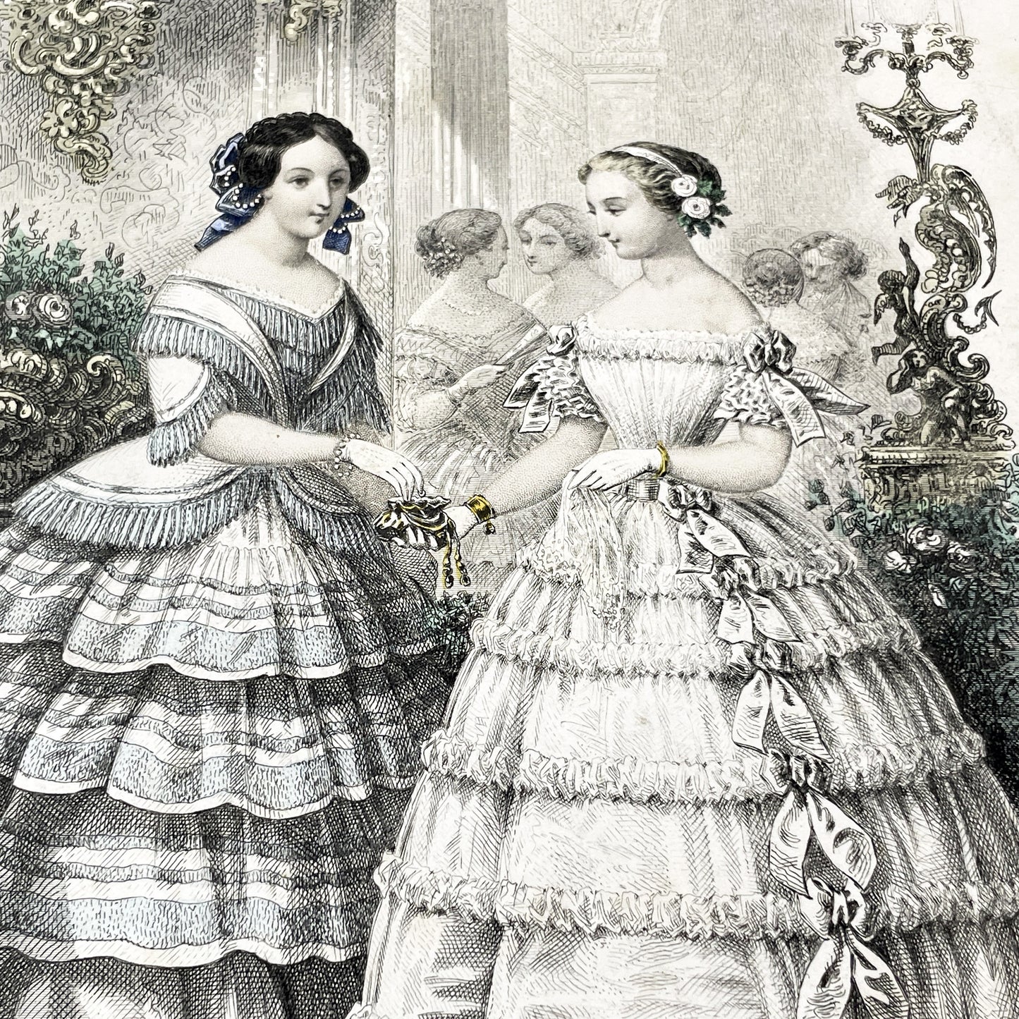 1850s - Exquisite Antique French Fashion Plate - Hand-Colored Engraving - Elegant Parisian Ball Gowns from 19th Century