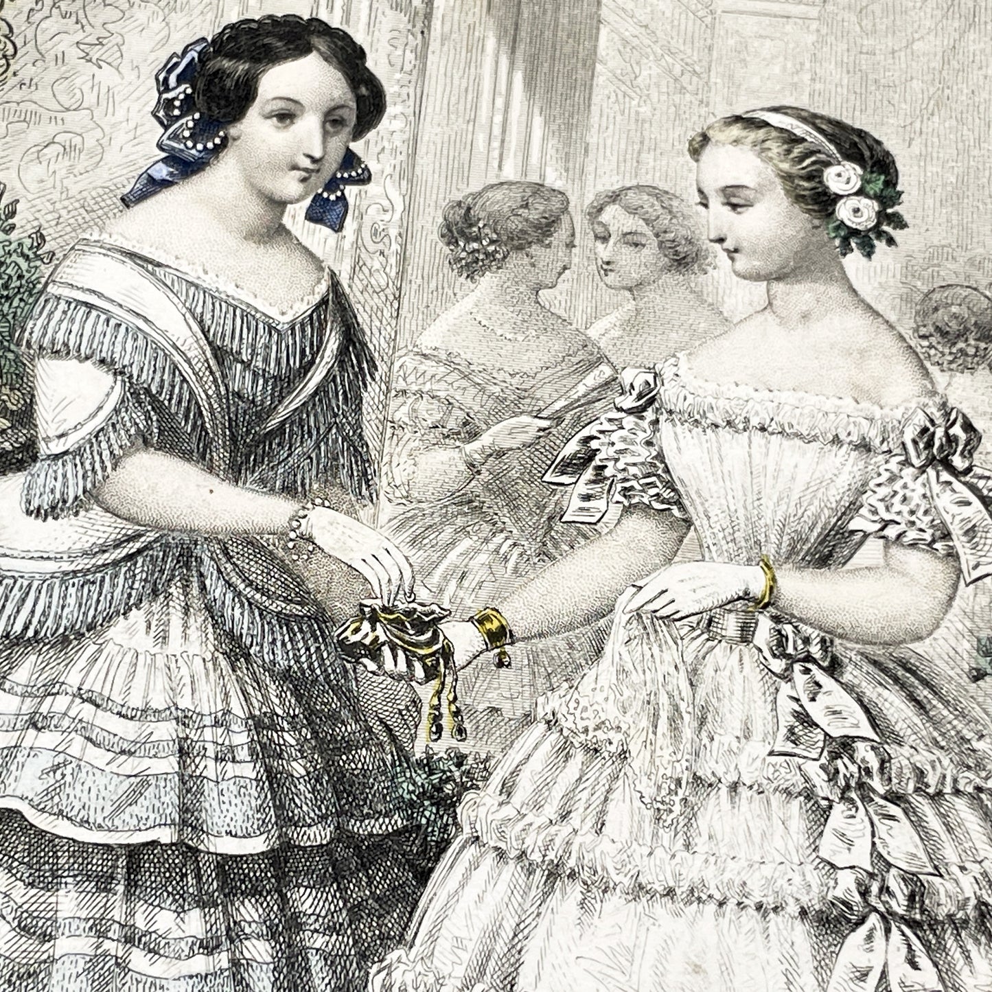 1850s - Exquisite Antique French Fashion Plate - Hand-Colored Engraving - Elegant Parisian Ball Gowns from 19th Century