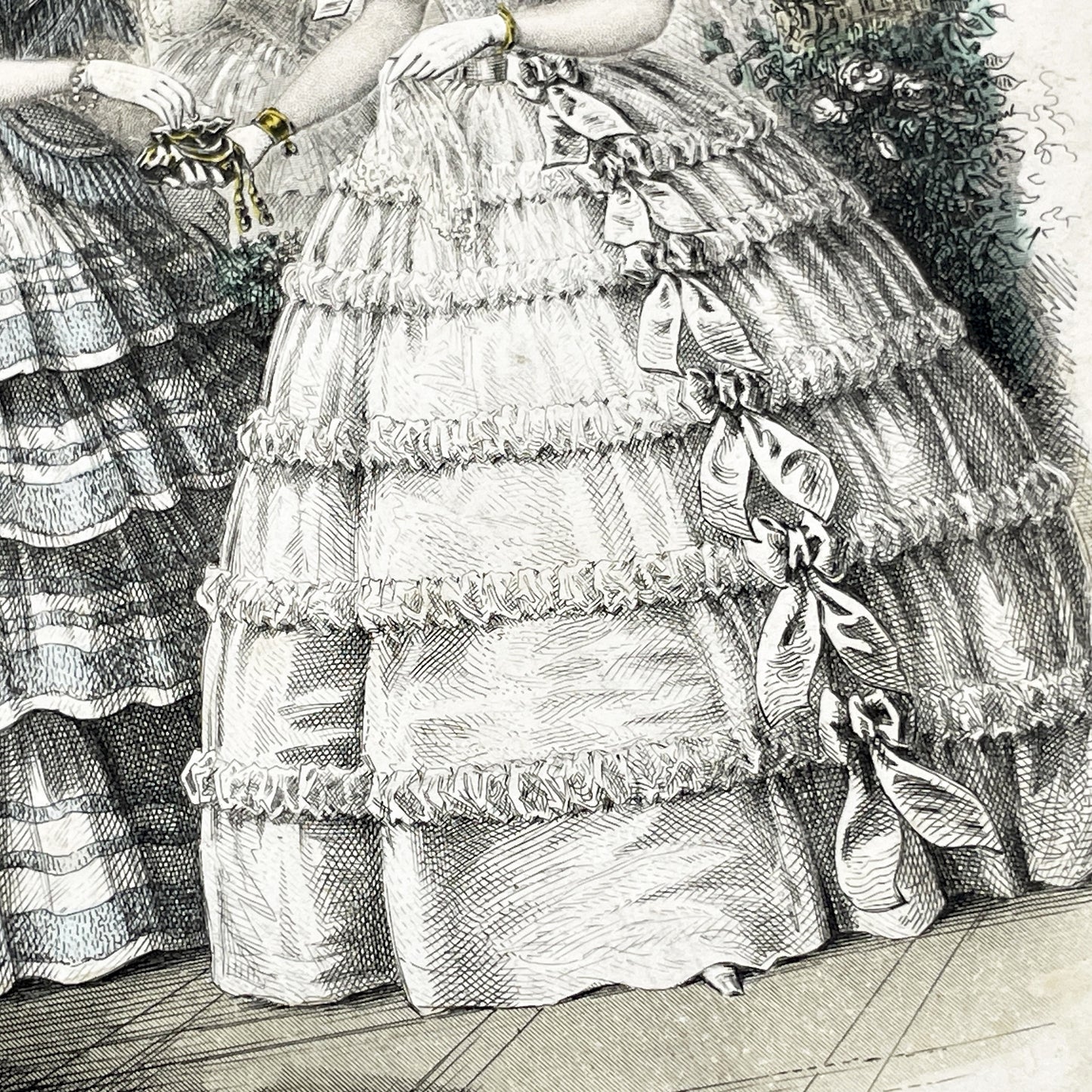 1850s - Exquisite Antique French Fashion Plate - Hand-Colored Engraving - Elegant Parisian Ball Gowns from 19th Century