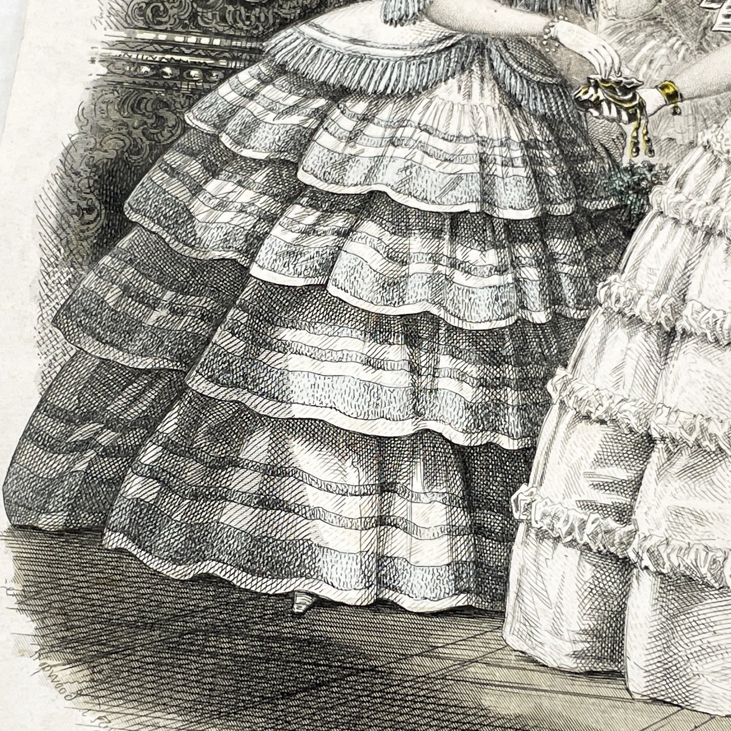 1850s - Exquisite Antique French Fashion Plate - Hand-Colored Engraving - Elegant Parisian Ball Gowns from 19th Century