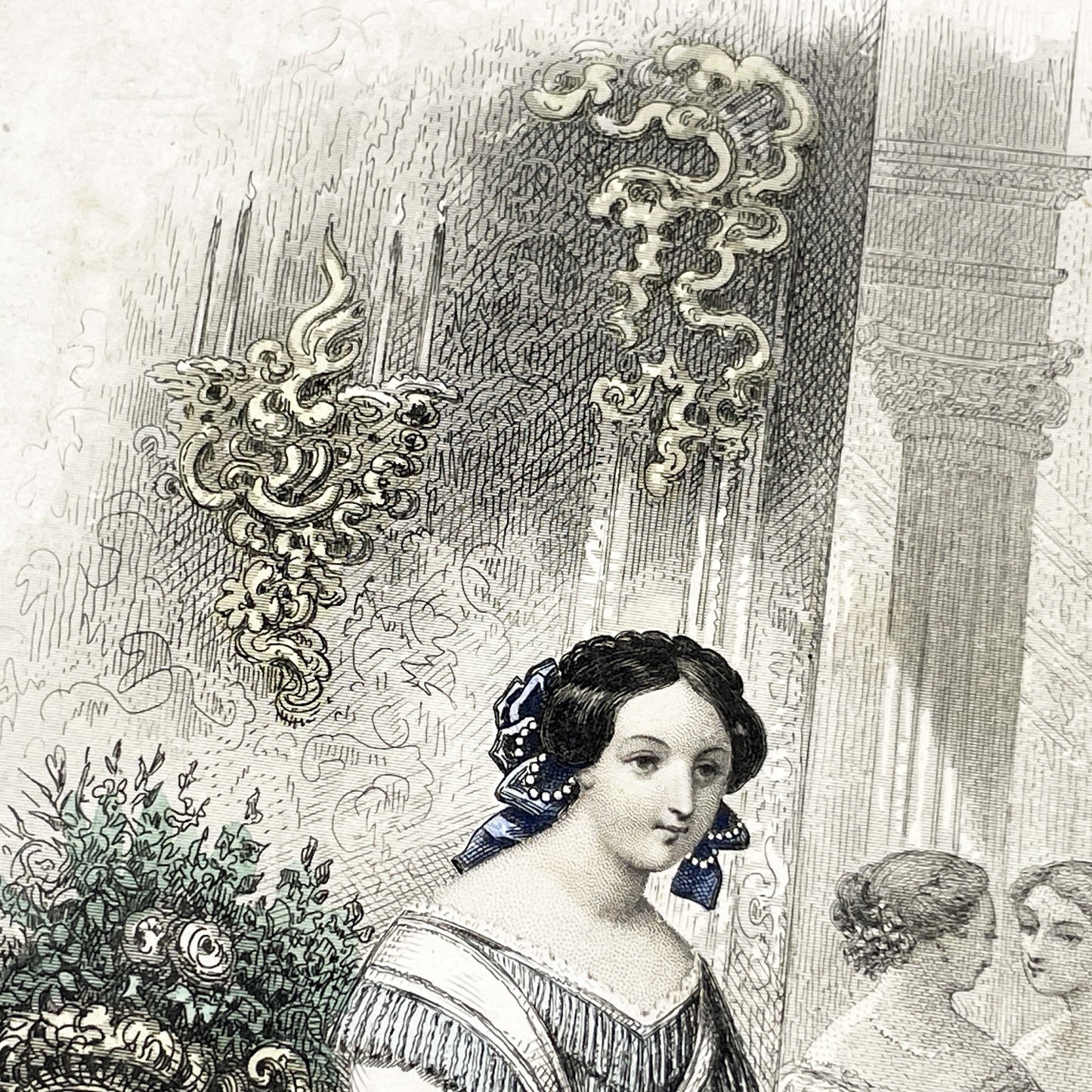 1850s - Exquisite Antique French Fashion Plate - Hand-Colored Engraving - Elegant Parisian Ball Gowns from 19th Century