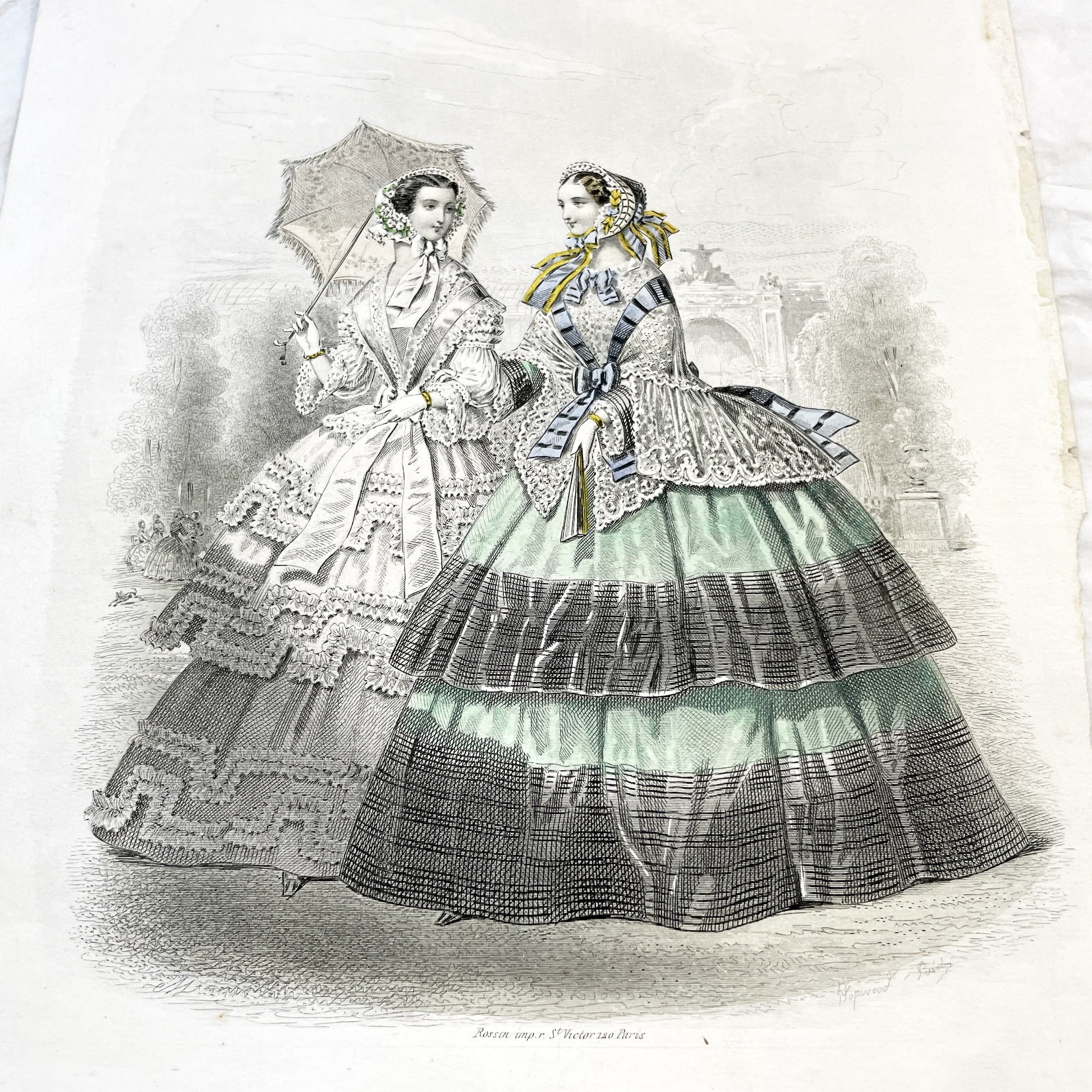 1850s - Original French Fashion Plate - Journal des Demoiselles - Elegant Mid-19th Century Women's Victorian Costume Engraving - Paris