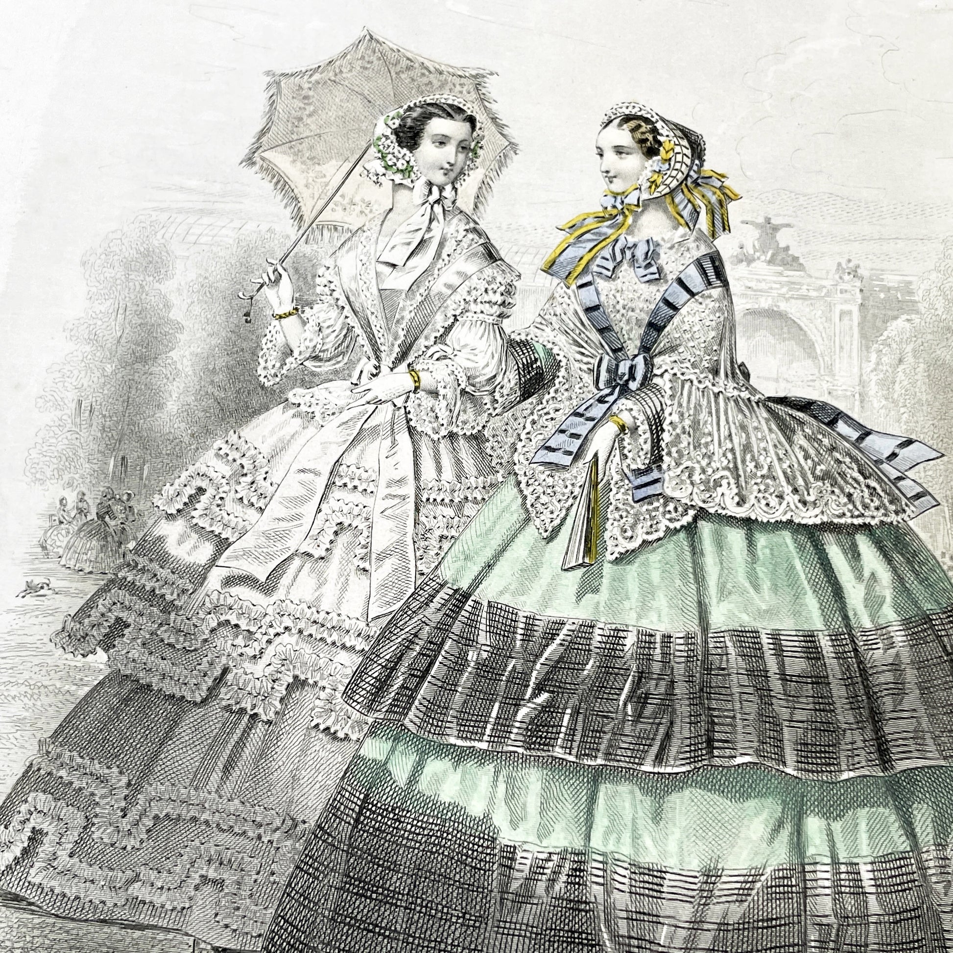 1850s - Original French Fashion Plate - Journal des Demoiselles - Elegant Mid-19th Century Women's Victorian Costume Engraving - Paris