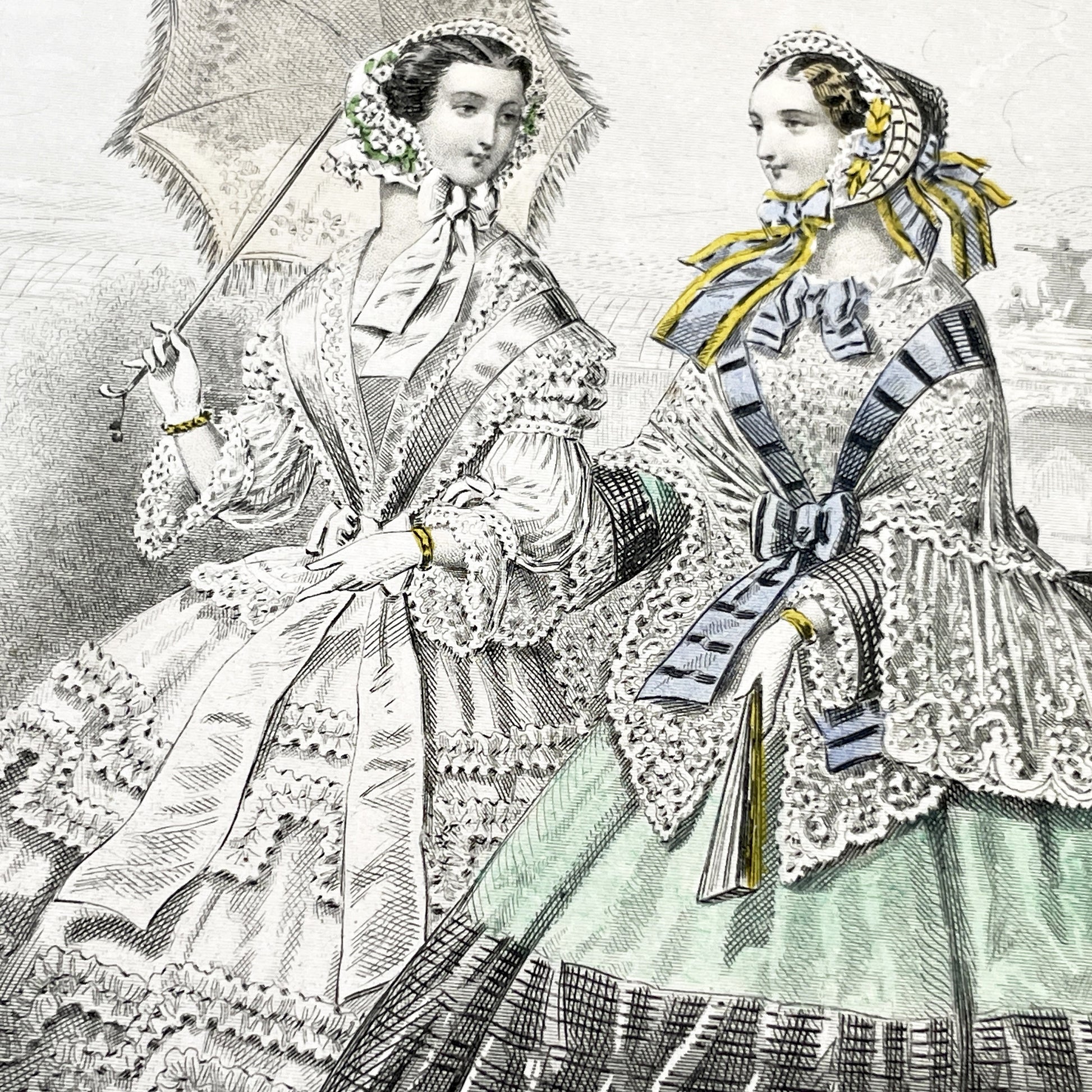 1850s - Original French Fashion Plate - Journal des Demoiselles - Elegant Mid-19th Century Women's Victorian Costume Engraving - Paris