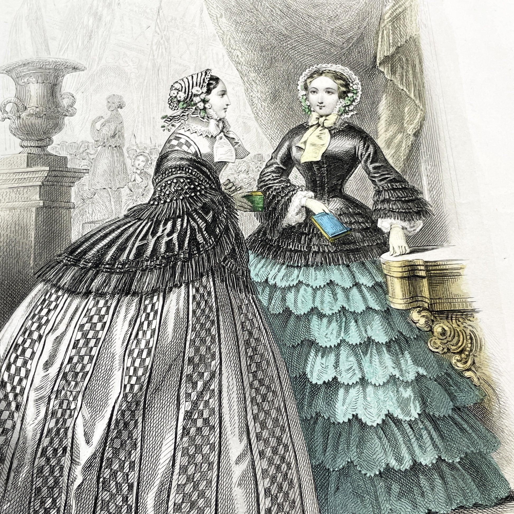 1850s - Antique French Fashion Plate - Journal des Demoiselles - Original Hand-Colored Print - Victorian Era Women's Style Illustration