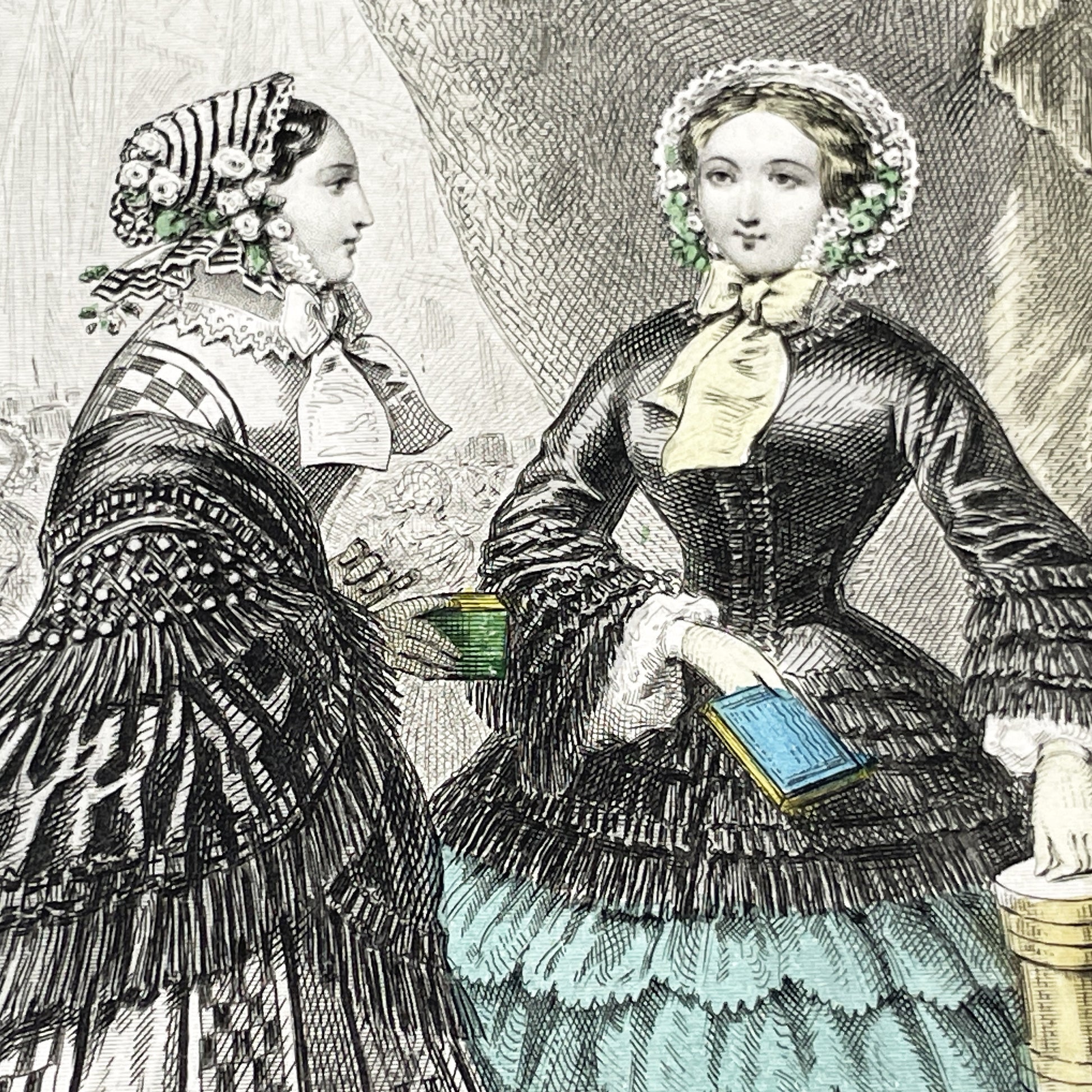 1850s - Antique French Fashion Plate - Journal des Demoiselles - Original Hand-Colored Print - Victorian Era Women's Style Illustration