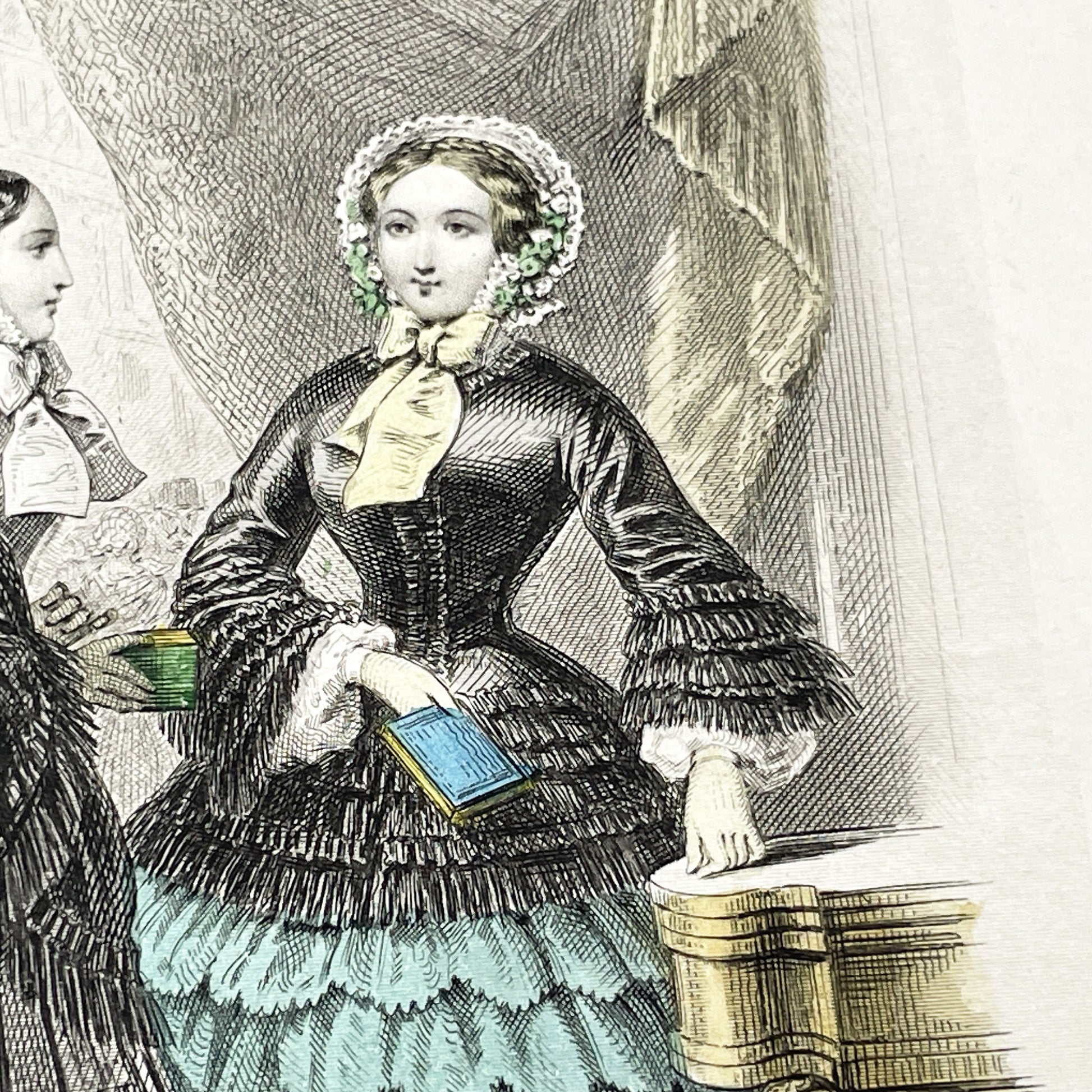 1850s - Antique French Fashion Plate - Journal des Demoiselles - Original Hand-Colored Print - Victorian Era Women's Style Illustration