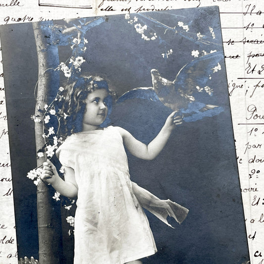 1900s - Vintage French Postcard - Young Girl with Doves - Barefoot Child Portrait - Antique Photo - Vive Marie - Innocence - Floral Scene