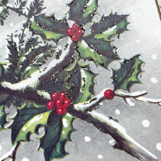 1950s - Vintage French New Year Postcard - Holly Berries Pine Branches Glitter - Antique Holiday Greeting Card