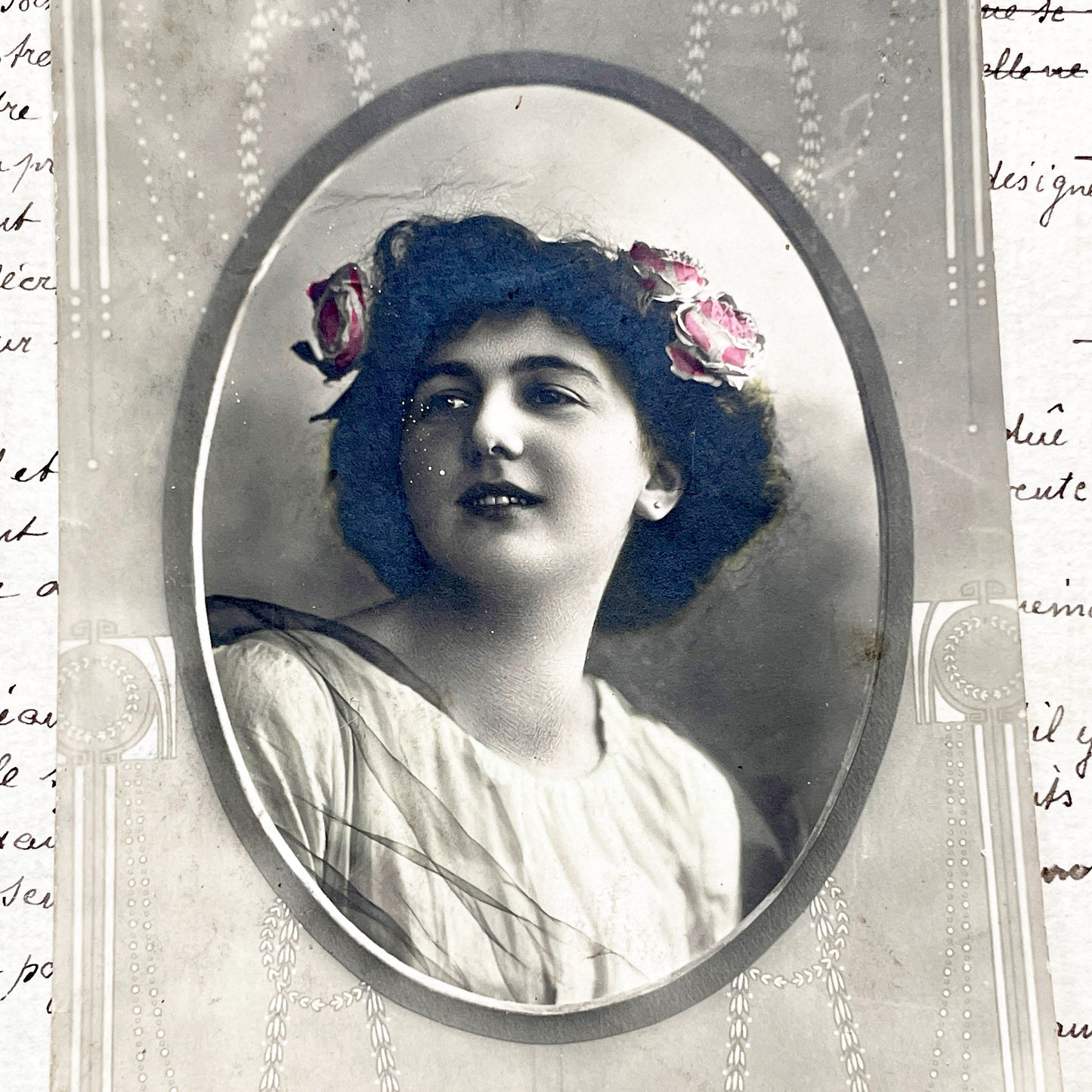 1900s - Antique Portrait Postcard - Elegant Young Woman with Hand-Tinted Roses in Hair - Art Nouveau Deco Border - Collectible Ephemera