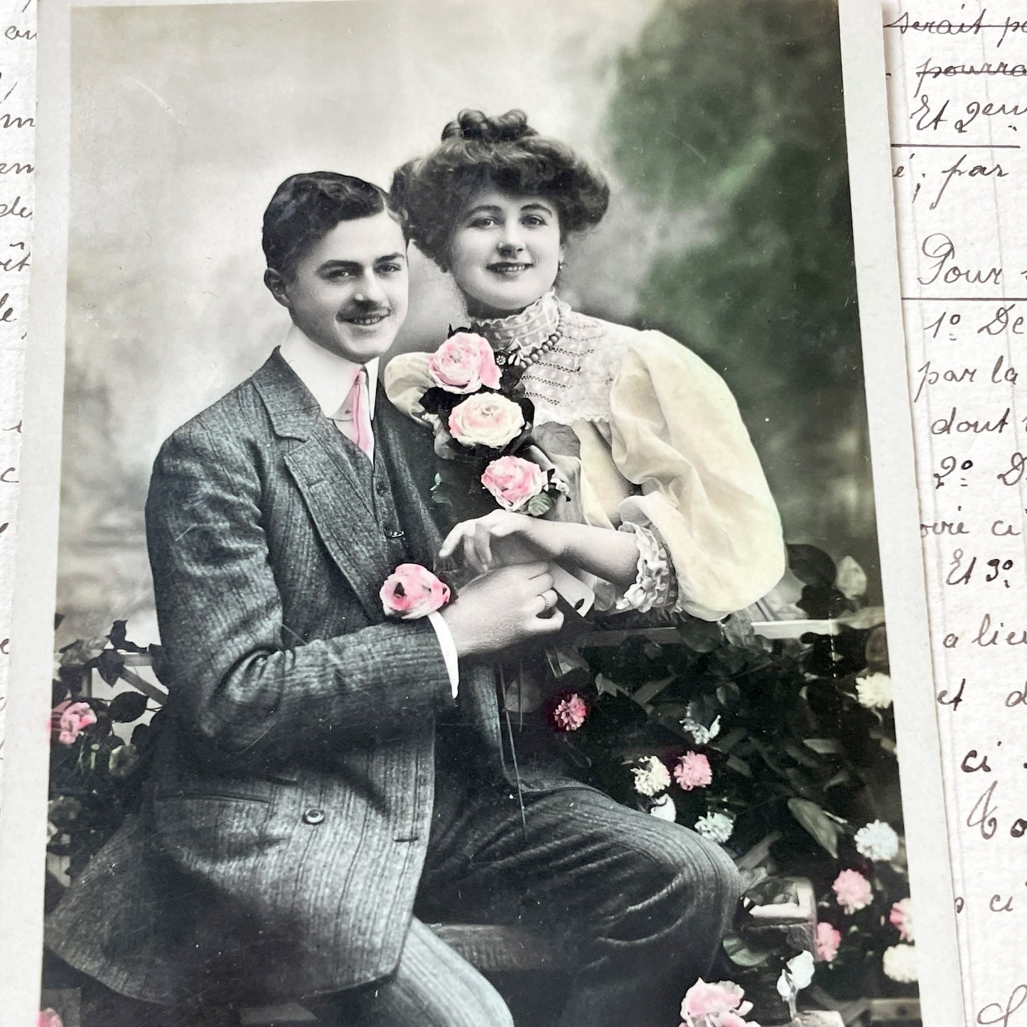 1900s - Vintage French Postcard - Romantic Belle Époque Couple - Hand-Tinted Photo - Love Message - Antique Ephemera Collectible Art
