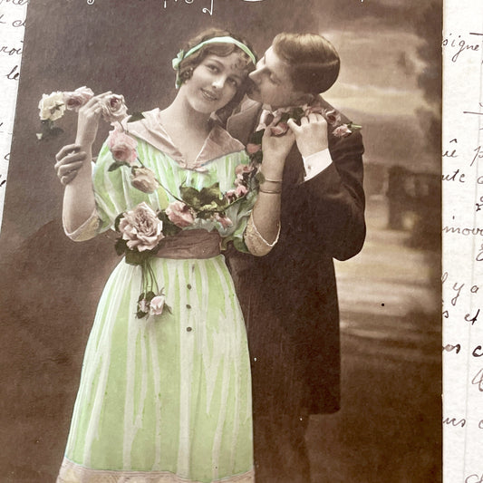 1910s - Antique Postcard - Romantic Hand-Tinted Couple - 'Fleur De Rêve' Series - Vintage Valentine - Edwardian Era Charm - Collectible Art