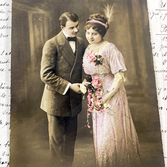 1910s - Vintage French Photo Postcard - Romantic Couple Portrait - Sepia Tone - Edwardian Fashion - Love Quote - Antique Collectible