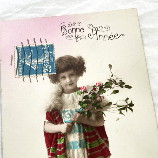 1910s - French New Year Postcard - Charming Young Girl Studio Portrait - Hand-Colored Greeting - Bonne Année - Paris 757 Collectible